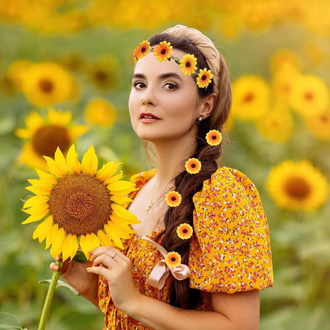 Sunflower Hair Band, Flower Headband with 10 Hair Clips, Sunflower Hair Accessory Set, Sunflower Headband for Women, Carnival, Bridal, Holiday by the Sea, Wedding, Party image number 5
