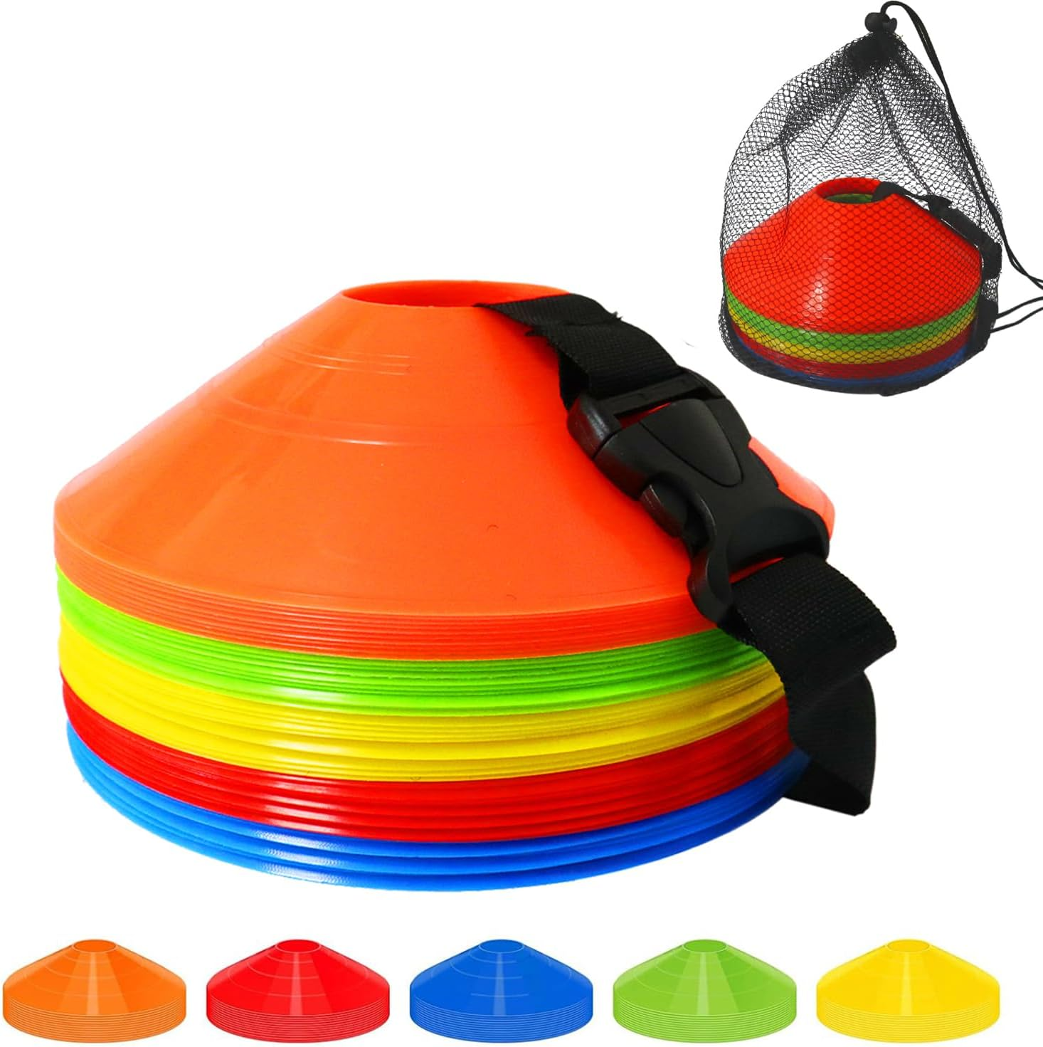 Augctoer 50 Pack 7.5Inch Agile Football Cones with Portable Bags and Strap,Suitable for Football Training,Cones for Sports Training,Basketball Cones, 5 Color image number 1