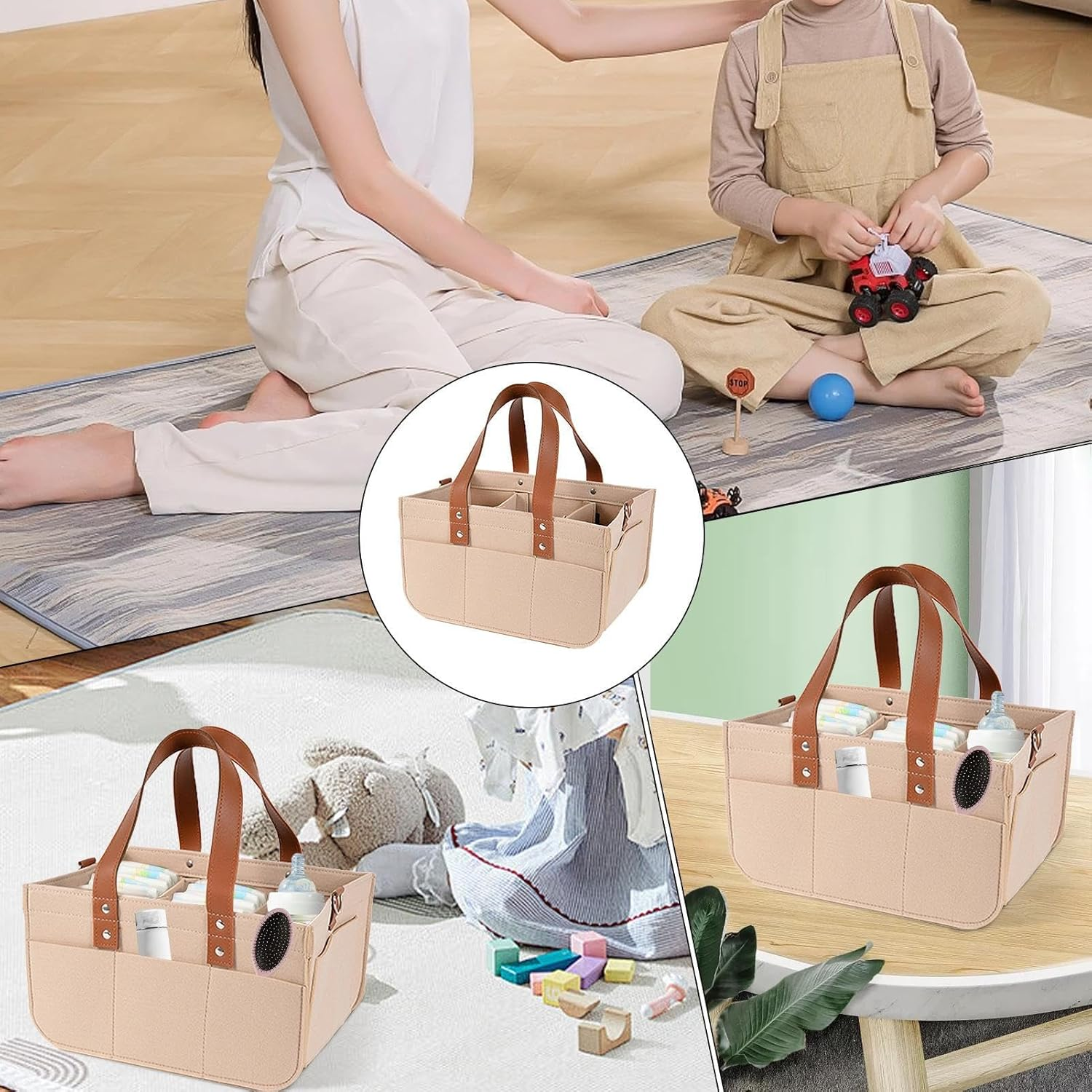 Baby Organizer, Felt Diaper Bag, Baby Nappy Caddy Organiser, Diaper Caddy for Car & Nursery, Car and Nursery Organizers with Compartments for Mom New-Born Kids for Toys, Bottles, Wipes 40X25Cm image number 1