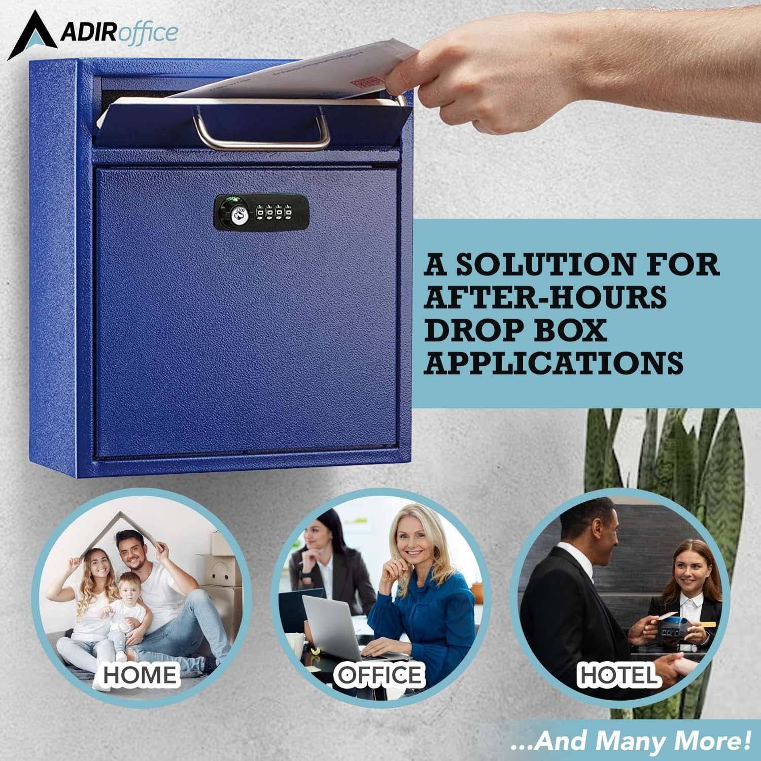 Adiroffice Ultimate Drop Box Wall-Mounted Mailbox - Hanging Secured Postbox - Durable Spacious Key or Combination Lock Box Perfect for after Hours Deposits Payments Key and Letter Drops (Medium, Blue) image number 6
