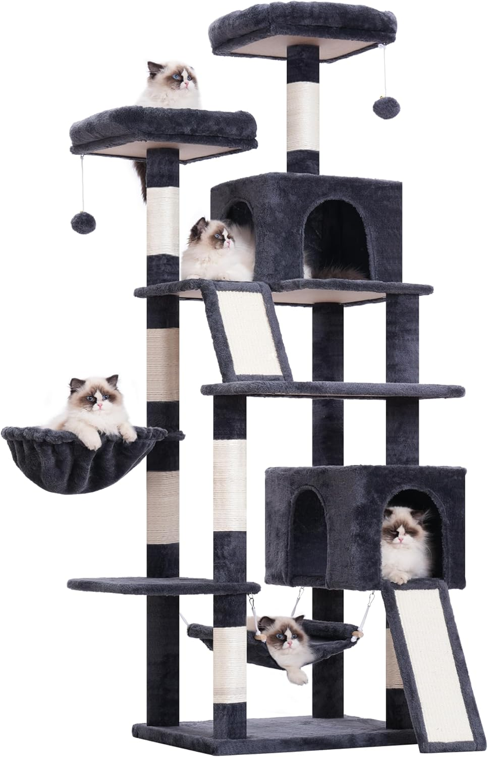Gitelsnour Cat Tree, 71'' (180Cm) Cat Tower for Indoor Cats Large Adult, Multi-Level Cat Tree Tower with 2 Scratching Boards/Posts, 2 Plush Perches, 2 Cat Condos, Hammock, Smoky Gray GCT032G