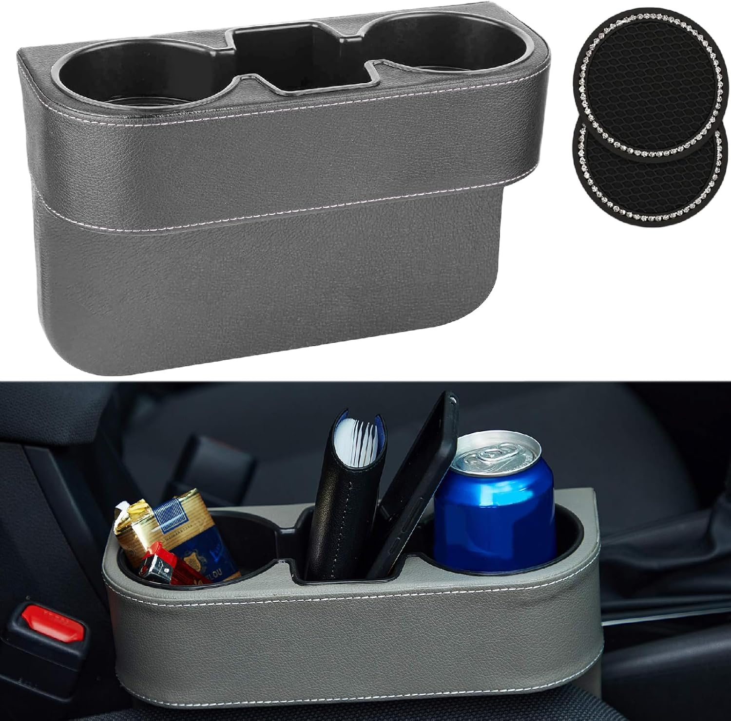 Car Seat Gap Filler Organizer, Auto PU Leather Console Side Storage Box with Cup Holder Extender for Drink, Car Organizer Front Seat Accessory for Holding Phone, Sunglasses, Keys, Cards image number 4