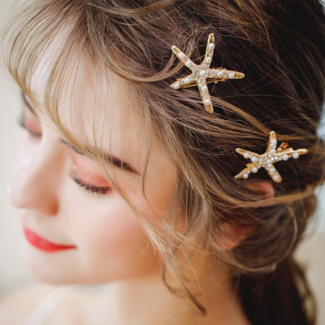 Pack of 3 Starfish Hair Clips, Diamond Hair Clip, Hairpin, Beach Starfish Hair Pin Girls Flower Girl Accessories image number 4