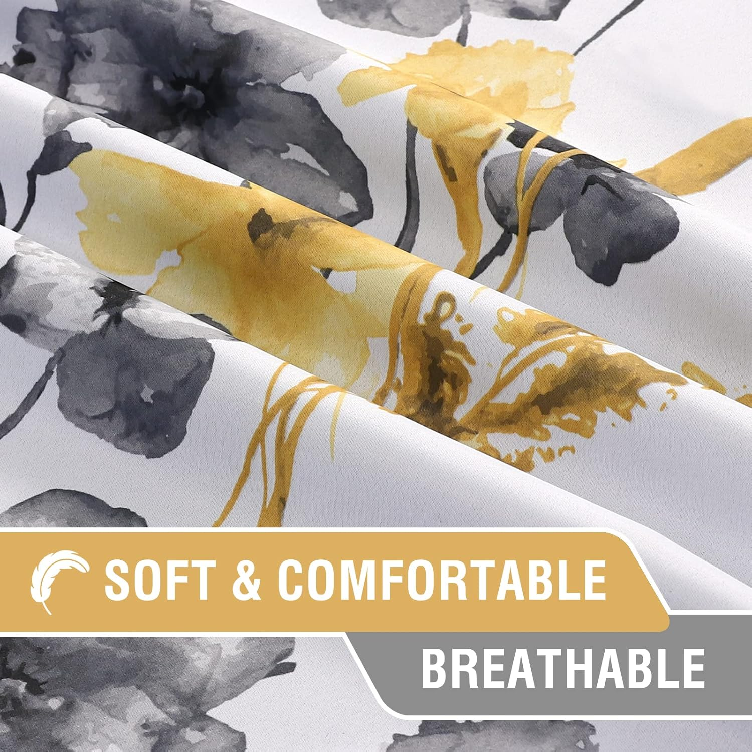 Princedeco 100% Blackout Curtains 2 Panels Set Cattleya Floral Printed Drapes Leah Floral Thermal Curtains for Bedroom with Black Liner Sound Proof Curtains,Grey and Yellow W132Cm X D213Cm image number 7