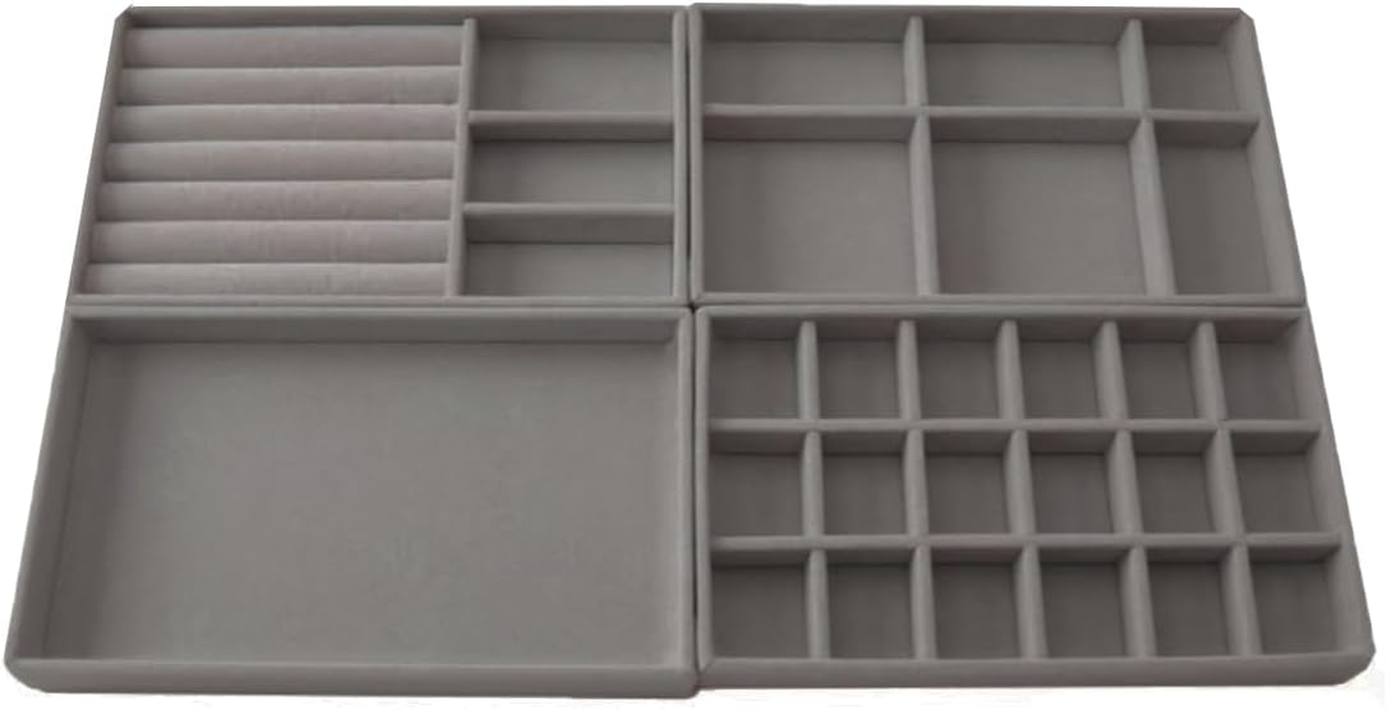 AIMALL 4PCS Grey Flocking Jewelry Display Storage Box Set Desktop Makeup Organizer Tray for Earrings Rings Bracelets Necklaces Velvet Jewellery Storage Holder 4.8In X 8.3In Compartments image number 3