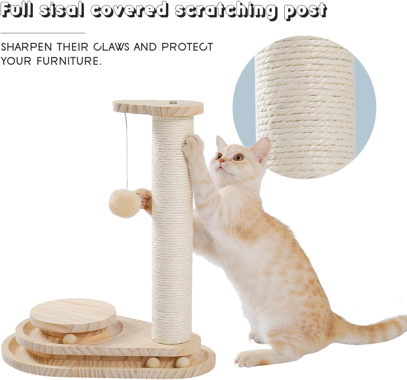 PAWZ Road Cat Scratching Post Cat Scratcher Kitten Toys for Indoor Cats Wooden Ball Track Two-Layer Modern Sisal 45Cm Tall Scratch Post Interactive Toy with Dangling Ball image number 1