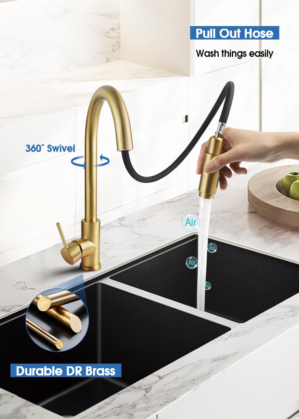 ACA International DR Brass Lead Free Kitchen Tap, WELS Kitchen Mixer Tap Pull Out 360&deg; Swivel Spout Kitchen Tap Laundry Faucet Brushed Yellow Gold - Black image number 2