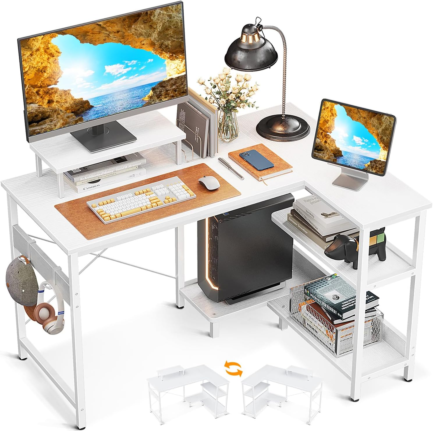 ODK L Shaped Computer Desk with Reversible Storage Shelves, 100 * 70 * 87.7Cm, Corner Desk with Monitor Stand&Headphone Hook, Home Office Desk, Modern Simple Writing Table, Black