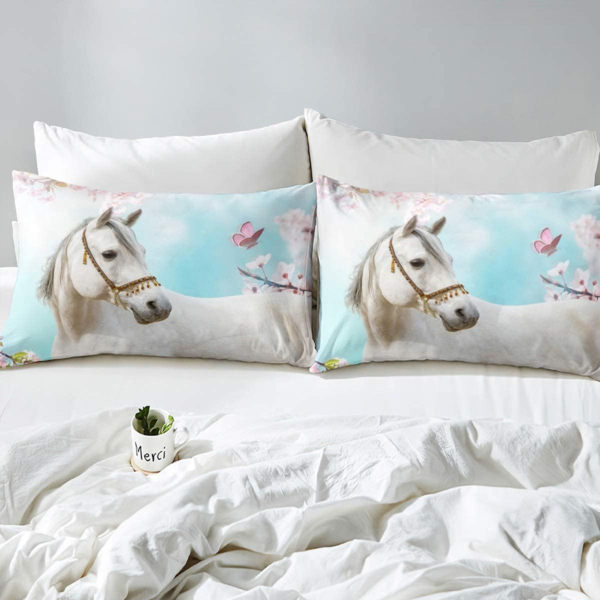 White Horse Print Duvet Cover Set Wild Animal Themed Bedding Set Butterfly Flower Print Bedding Set 135 X 200 Cm for Children Boys Girls Microfibre Nature Themed Room Decoration image number 3