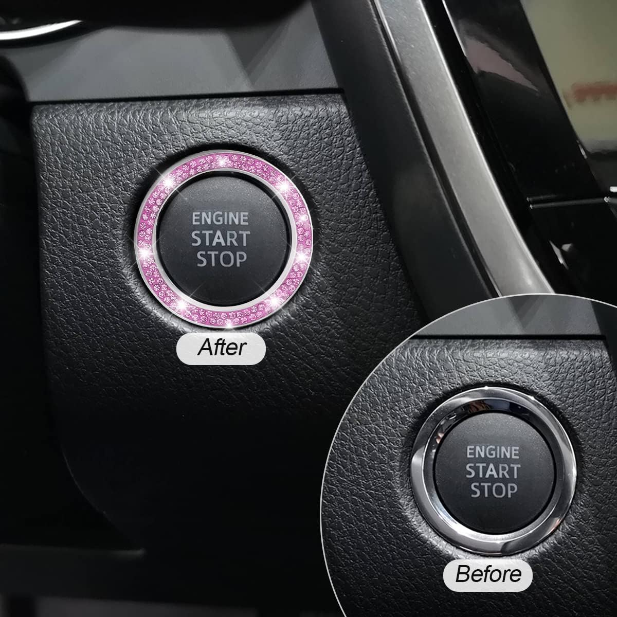 Car Bling Crystal Rhinestone Engine Start Ring Decals, 2 Pack Car Push Start Button Cover/Sticker, Key Ignition Knob Bling Ring, Sparkling Car Interior Accessories for Women (Double Purple) - Double Black image number 7