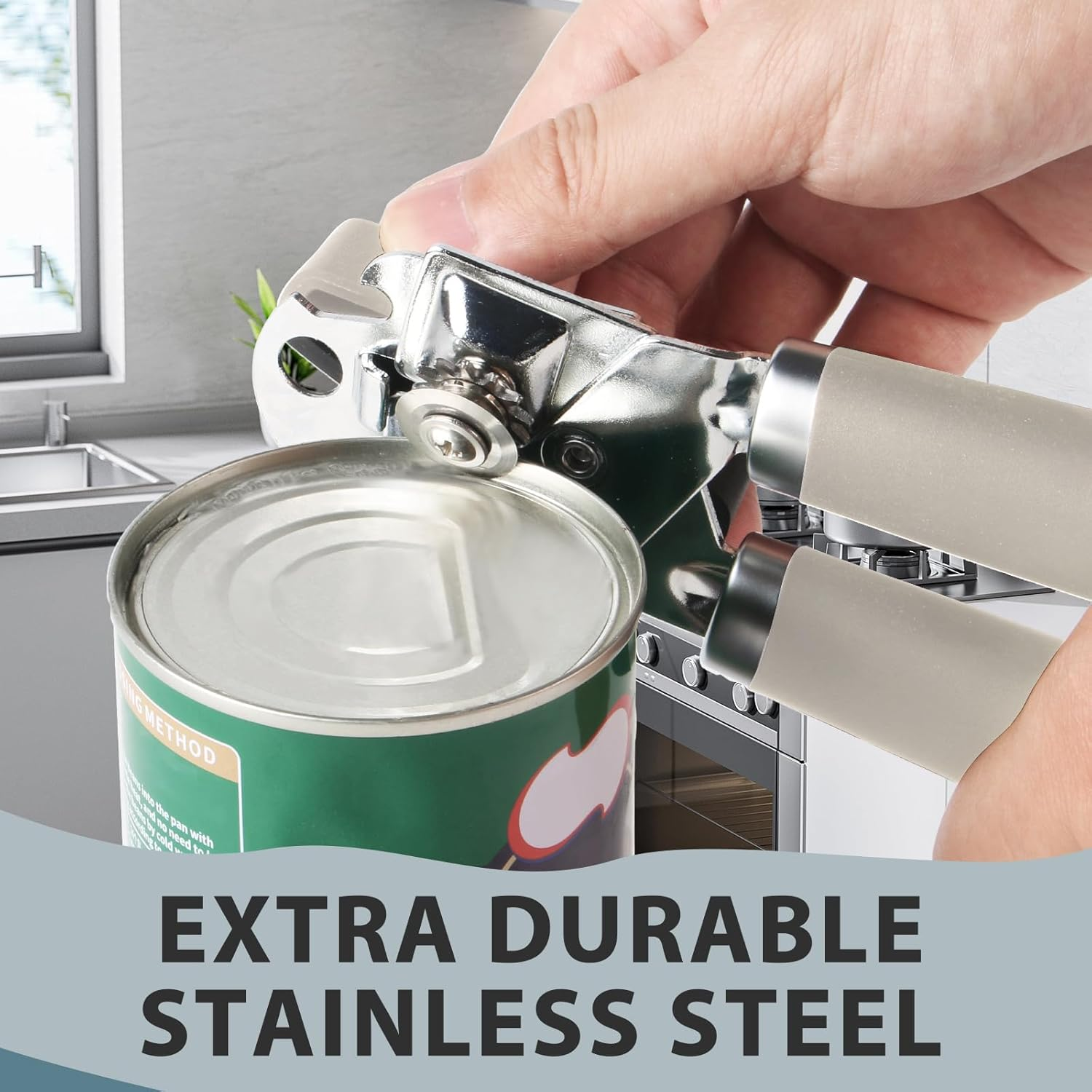 Safring Can Opener Manual, Heavy Duty Handheld Strong Can Opener with Soft Touch Handle, Sharp Blade Smooth Edge, Can Openers with Multifunctional Bottle Opener, Beige image number 1