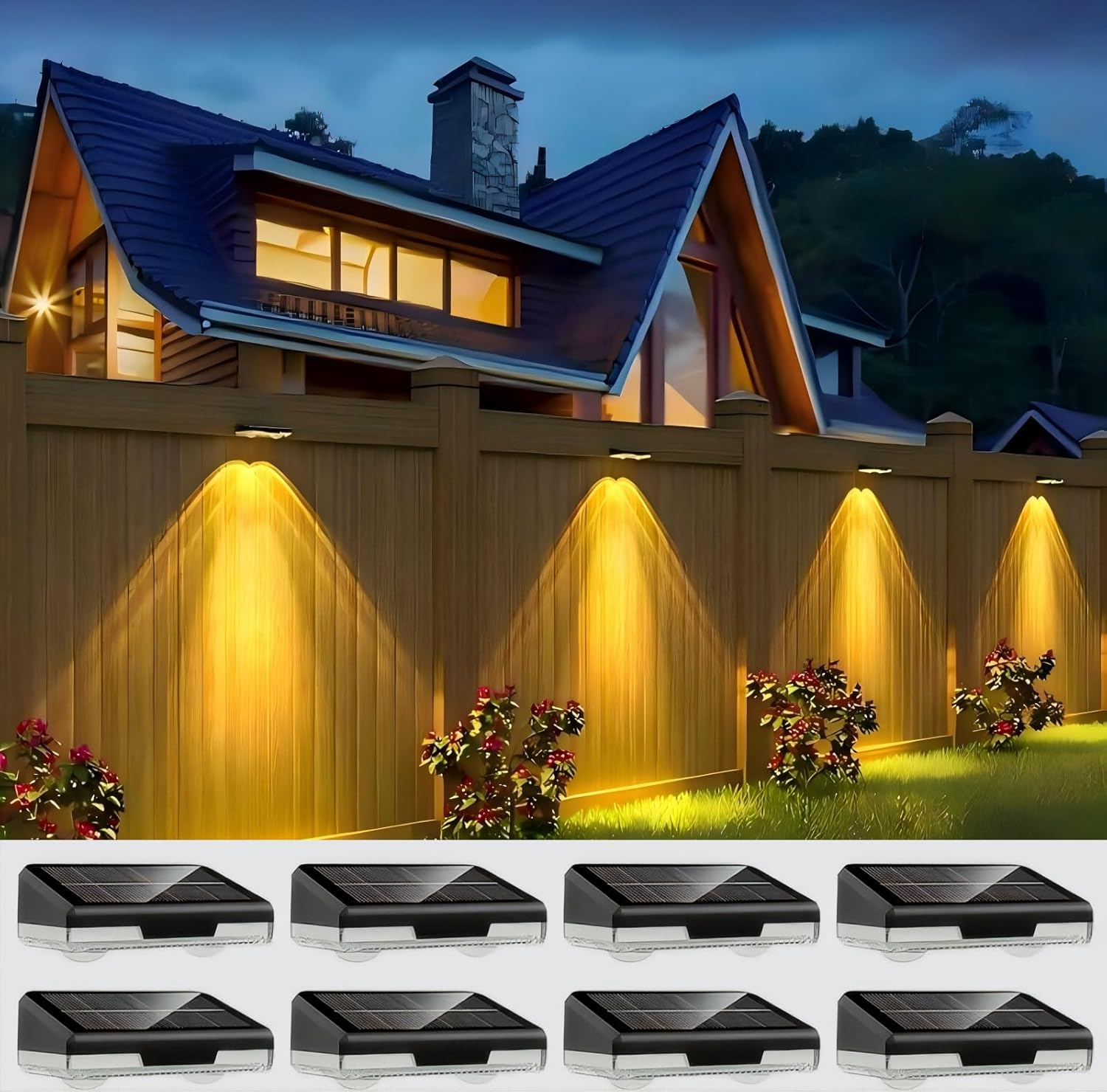 Solar Fence Lights Outdoor, 8 Pack LED Lights, 3 Lighting Modes, IP65 Waterproof Dusk to Dawn, Deck/Stair Railing Lights, Power Patio Lamp with Lenses for Outside/Backyard/Railing/Step/Patio/Deck/Pool image number 5