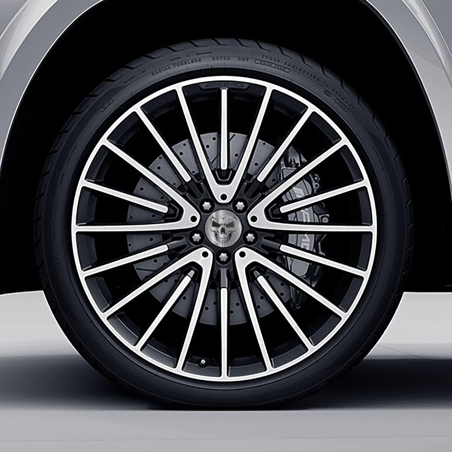 Skinoeu Set of 4 X 75Mm Wheel Center Caps Compatible with Mercedes Benz B66470207 / B66470200 CM Black Skull Silver CM 49