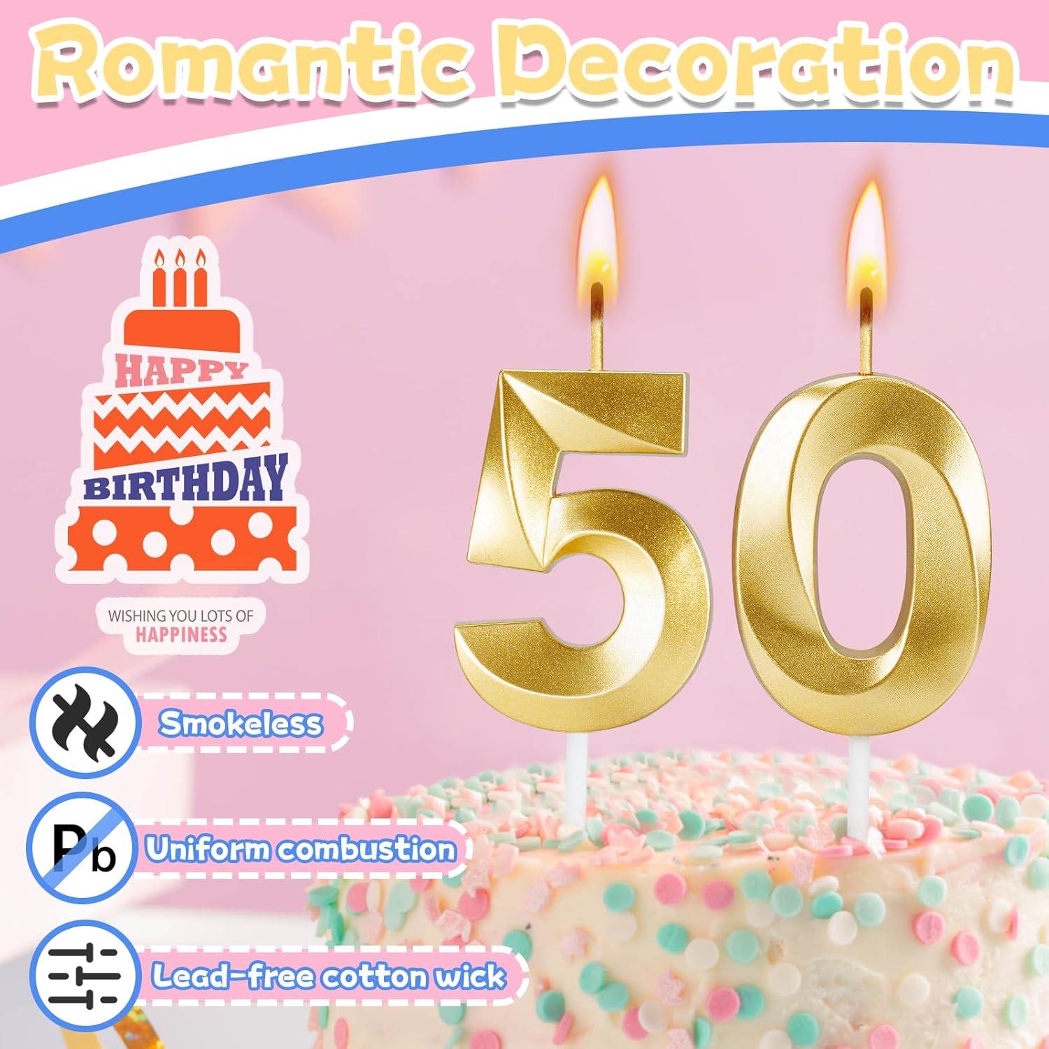 50Th Birthday Candles for Cake,Gold Number Candles for Happy Birthday Cake Toppers,Birthday Decorations for Her Him Party Anniversary Wedding