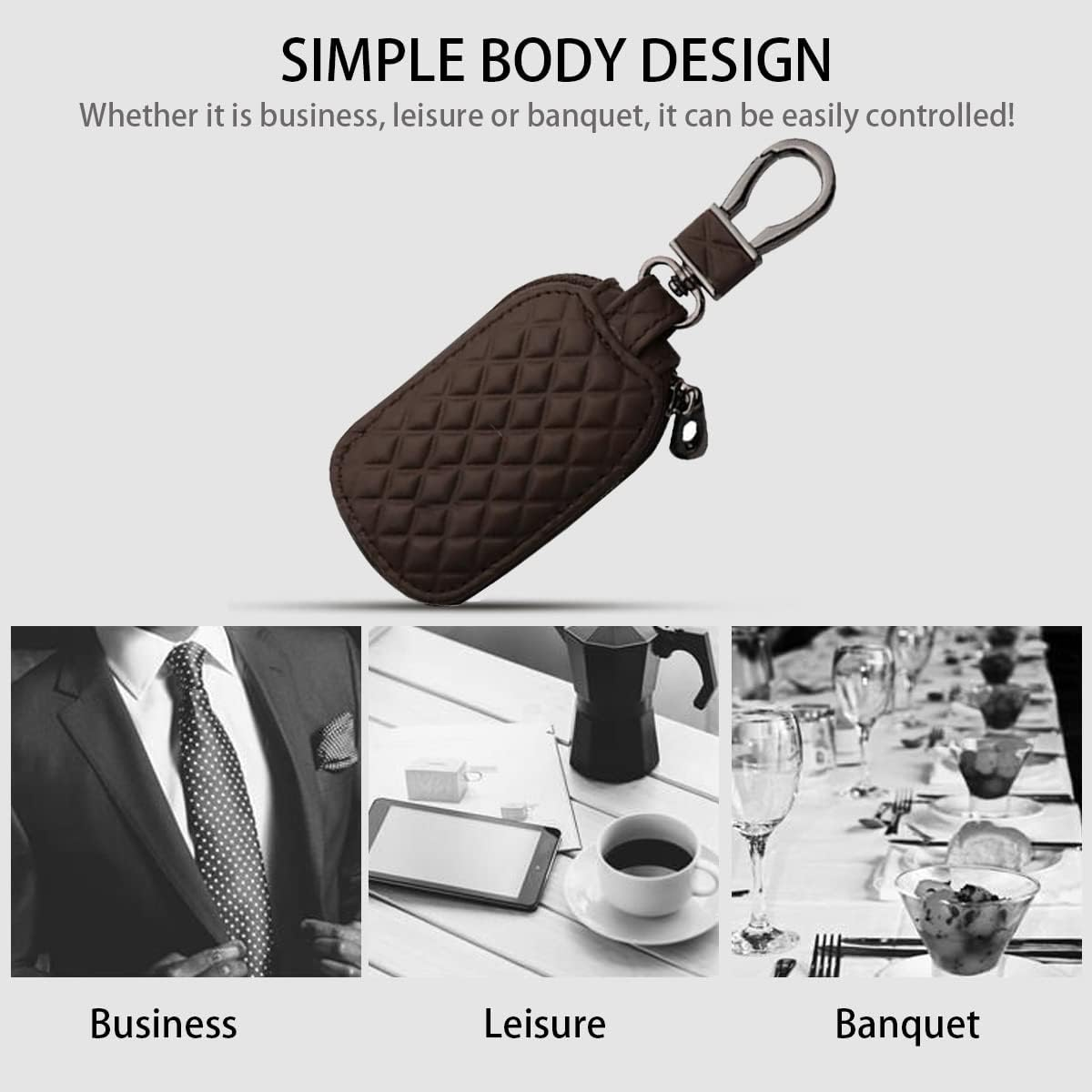 BELOMI Car Key Case, Genuine Leather Remote Key Fob Cover, Keychain Holder with Metal Hook, Universal Vehicle Keyring Zipper Bag (Coffee) image number 6