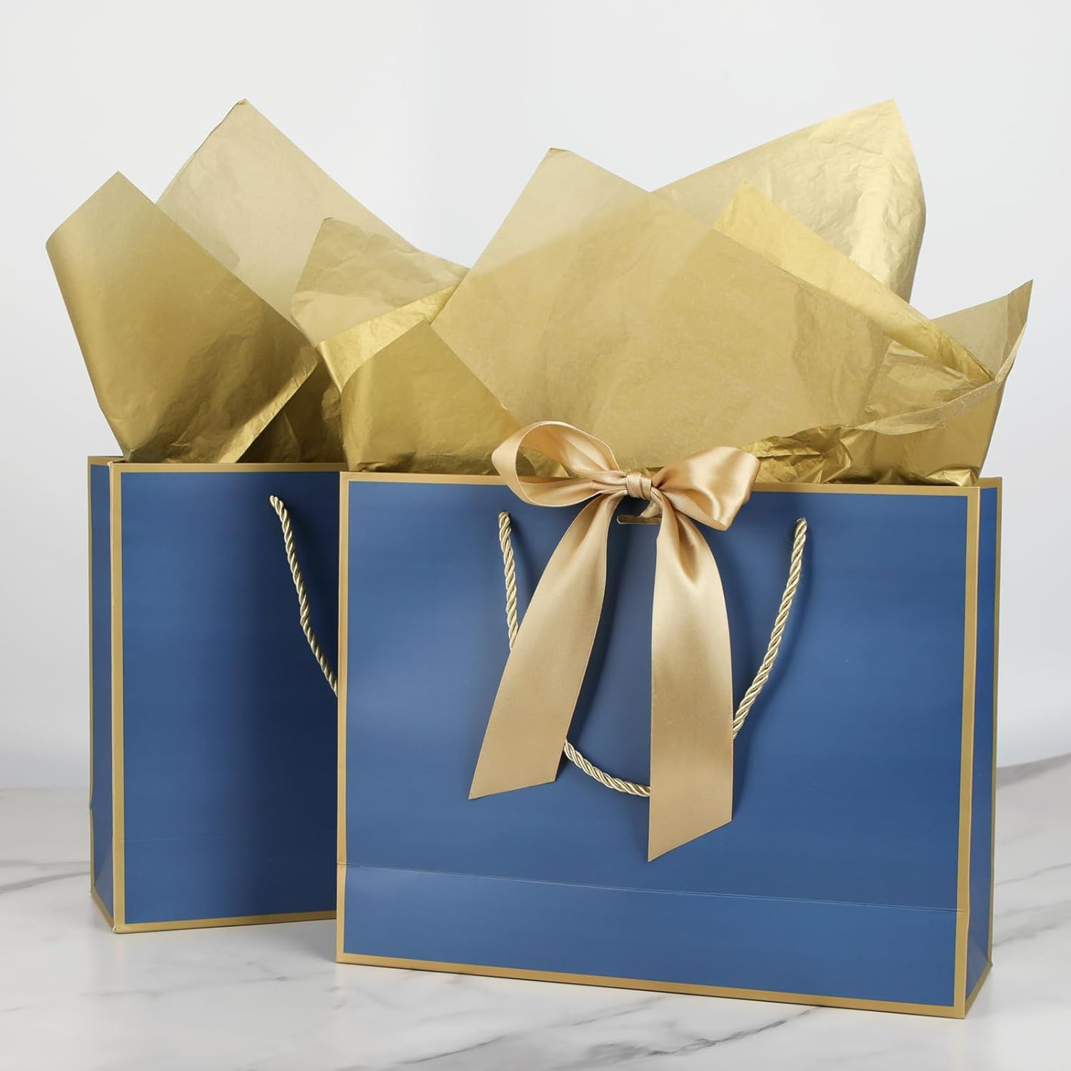 Oundarm 12 Pack 32 X 25 X 11CM Bow Blue Gold Handles Gift Bags with Gold Tissue Papers and Ribbons, Gift Paper Bags Bulk for Bridesmaid Birthday Fathers Day Graduation Anniversary Christmas