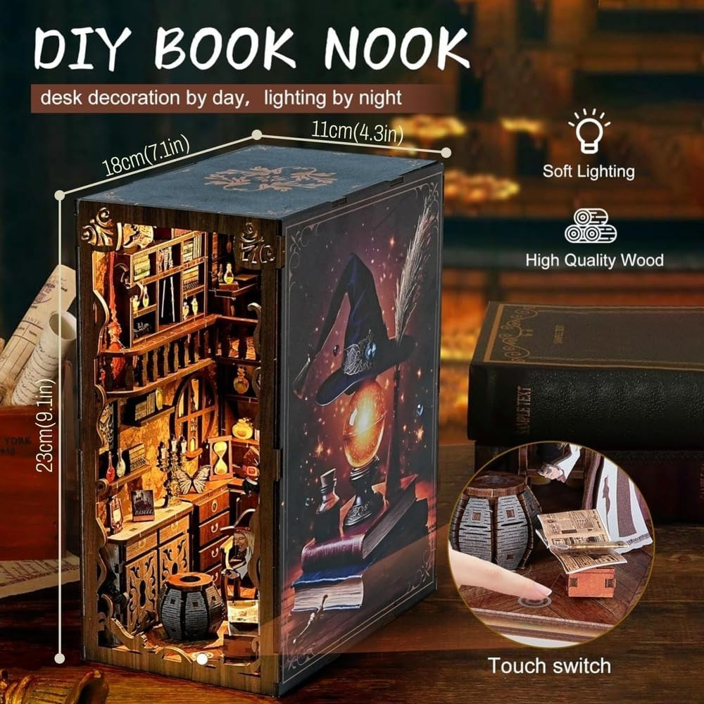 Book Nook Kit, DIY Miniature, Dollhouse Booknook Kit with Led Light, 3D Wooden Bookshelf Puzzle Decor Gifts for Family and Friends (Magic Night) image number 4