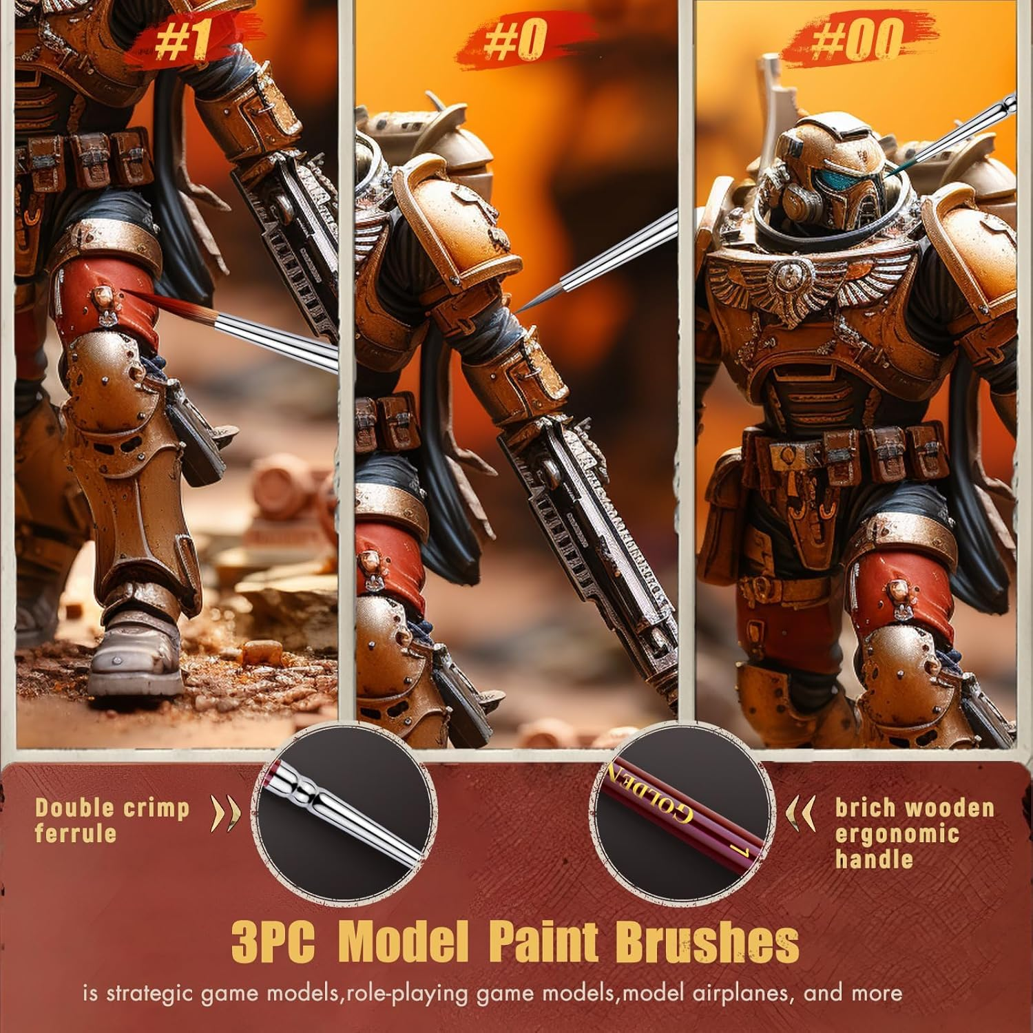 Golden Maple Kolinsky Sable Miniature 3PCS Professional Ultra Fine Detail Paint Brushes for Miniatures Fingure Size 00, 0, 1 image number 6