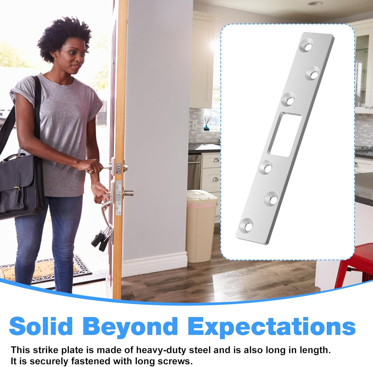 RO6G 72001 Brushed Satin Nickel Lock Short Strike Plate with 12 Screws, Door Knob/Deadbolt Cover Plate, Stainless Steel Security Latch Strike - 2 Set image number 6