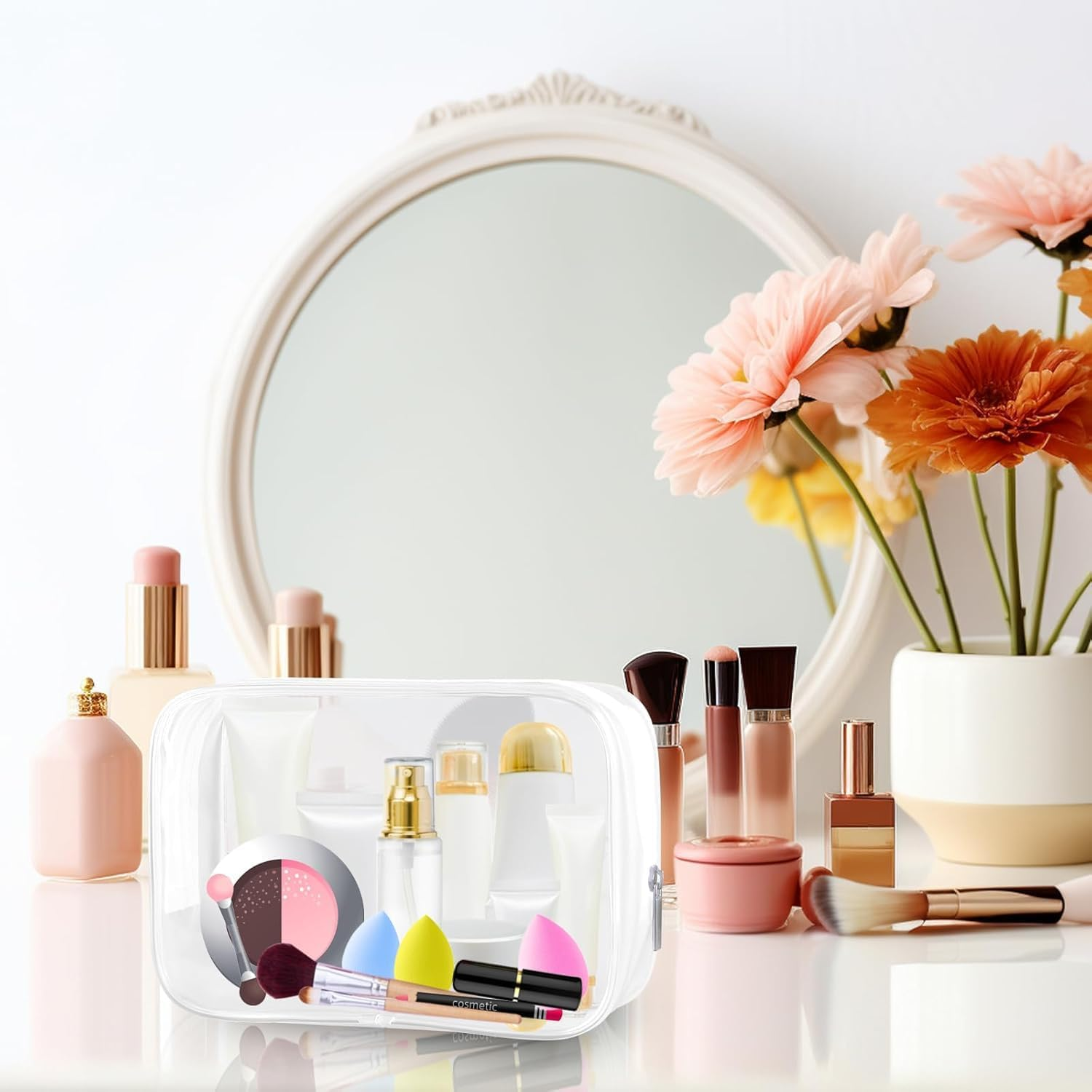 Shuoteng Clear Quart Size Portable Makeup Bags, 3Pcs Clear PVC Zipped Toiletry Pouches, White PVC Quart Size Cosmetic Makeup Bags with Zipper image number 1