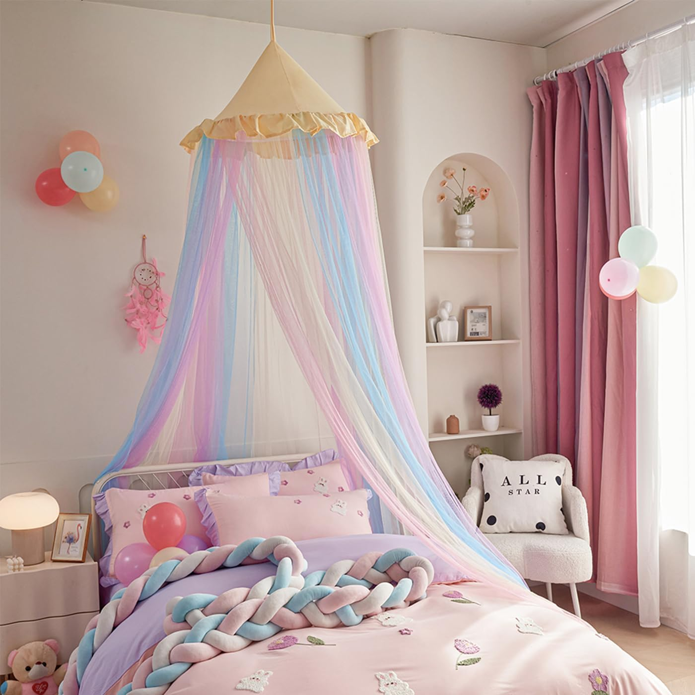Rainbow Bed Canopy for Girls, Ruffles Mosquito Net with Dust-Proof round Dome Kids Dreamy Princess Bed Canopy Netting Room Crib Bed Curtains Camp Decor Accessories Child Reading Corners Ceiling Tent - Triangle image number 7