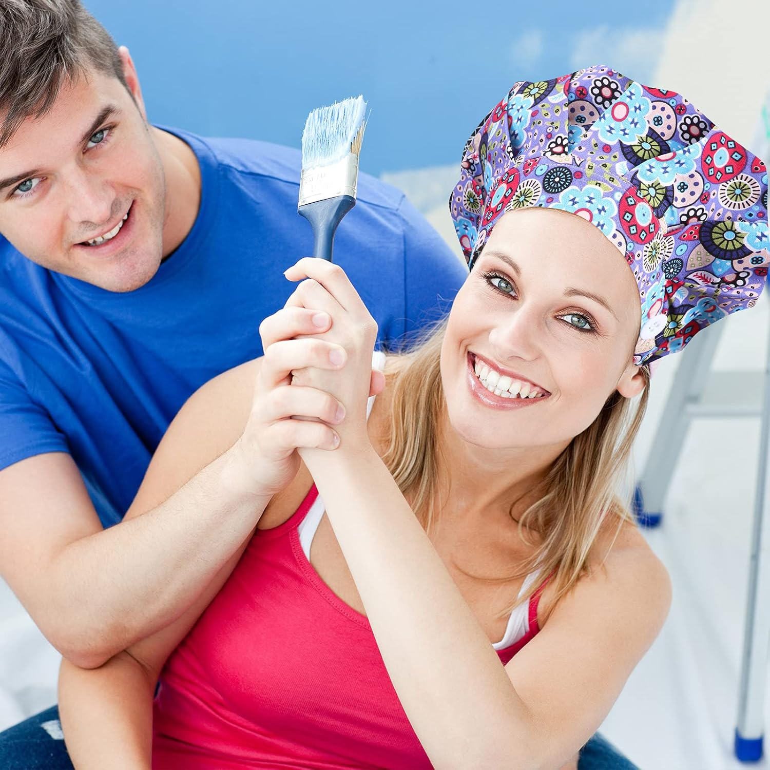 Geyoga 5 Pieces Adjustable Bouffant Caps with Buttons Printed Tie Back Hats with Sweatband Hat for Women Men, 5 Styles, Multi Color, 1 image number 4