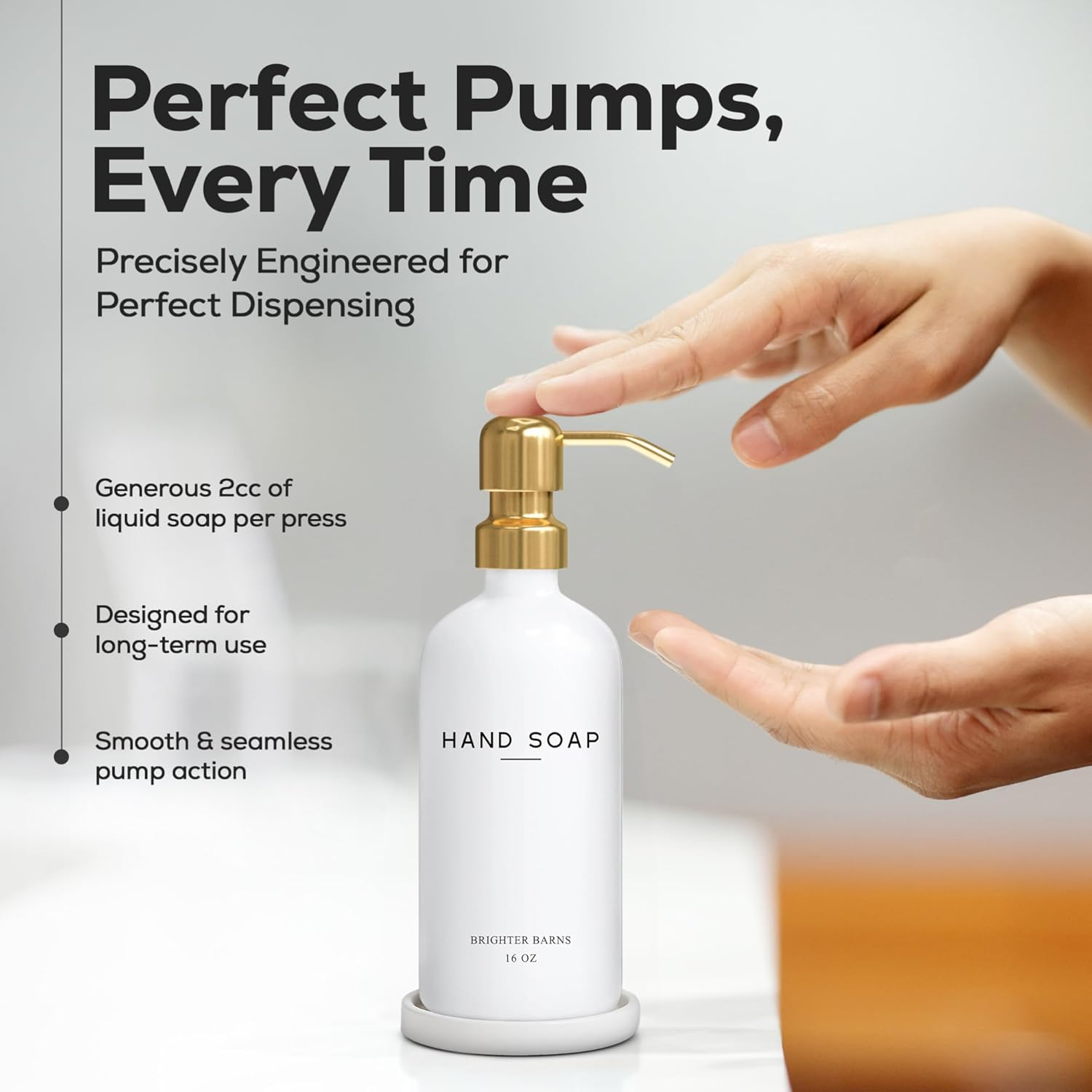 Luxury Glass Hand Soap Dispenser Bathroom Set by Brighter Barns - Hand Soap Dispenser with Stainless Steel Pump - Glass Bottle with round Tray - White and Gold Bathroom Decor & Accessories (Gold) - Dish Soap (Amber) image number 5