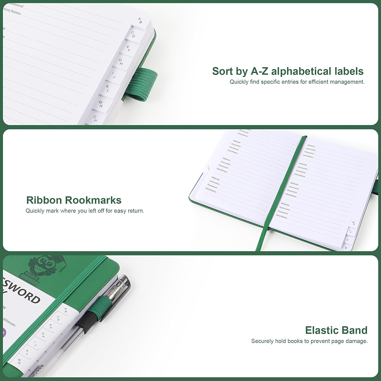 JUNART 4Colors A6 Password Book with Alphabetical Tabs and Elastic Pen Loop, PU Leather Cover, Secure Organizer for Home, Office and Travel（Purple） - Purple image number 5