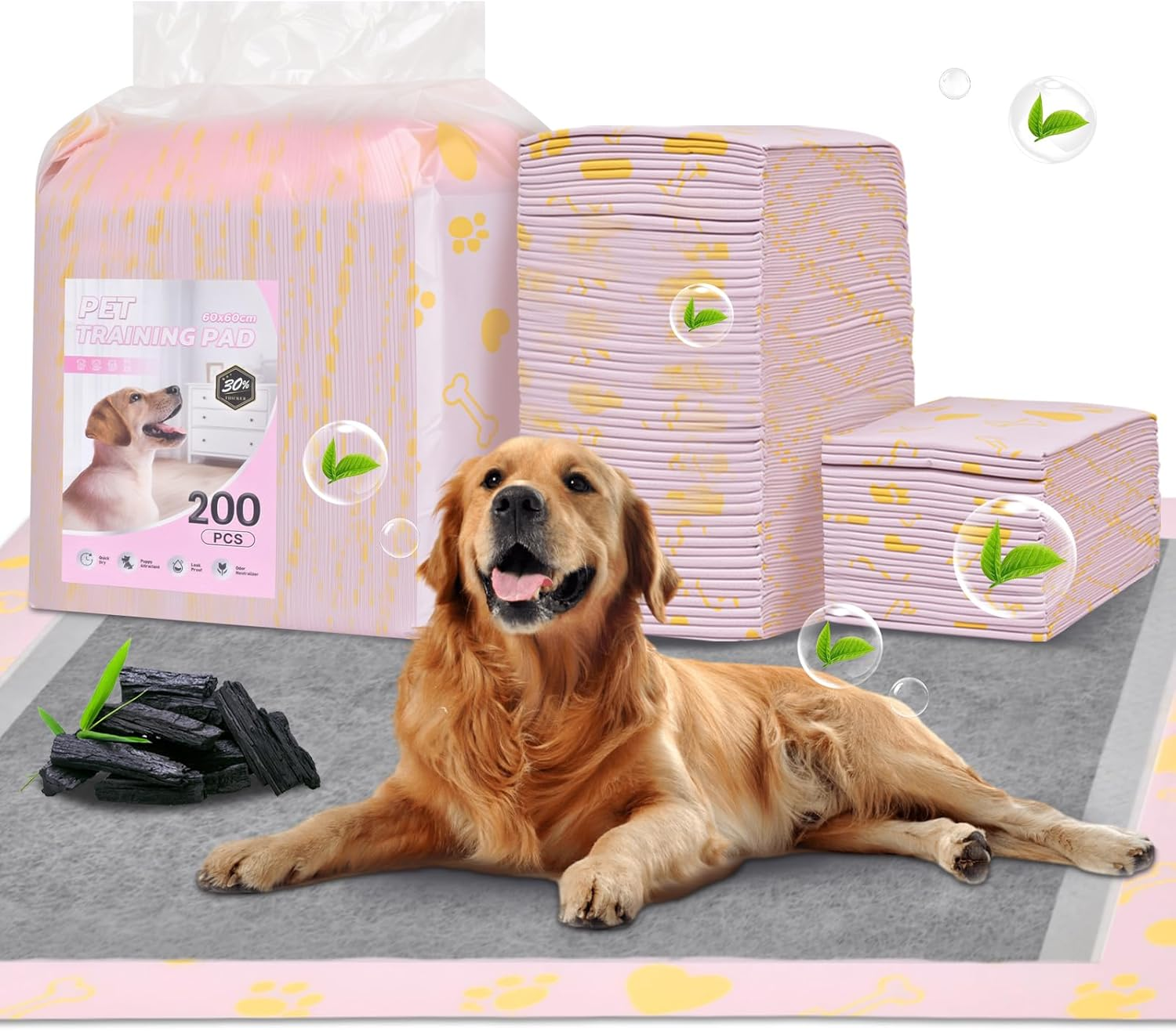 Advwin Bamboo Charcoal Training Pads, 100PCS Deodorizing Leakproof Quick Drying Dog Pee Pads, Super Absorbent Disposable Pet Training Pads for Dogs Puppies, Doggie, Cats, Rabbits - 60X60Cm