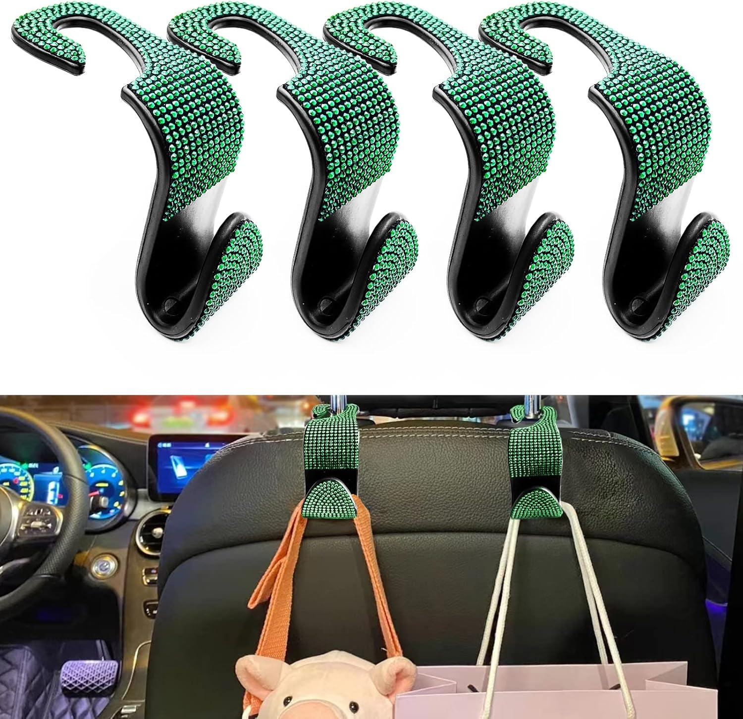 2PCS Car Seat Hooks - Bling Rhinestone Headrest Hooks with Universal Design - Perfect for Holding Handbags, Clothes, Purses, and Water Bottles - Black