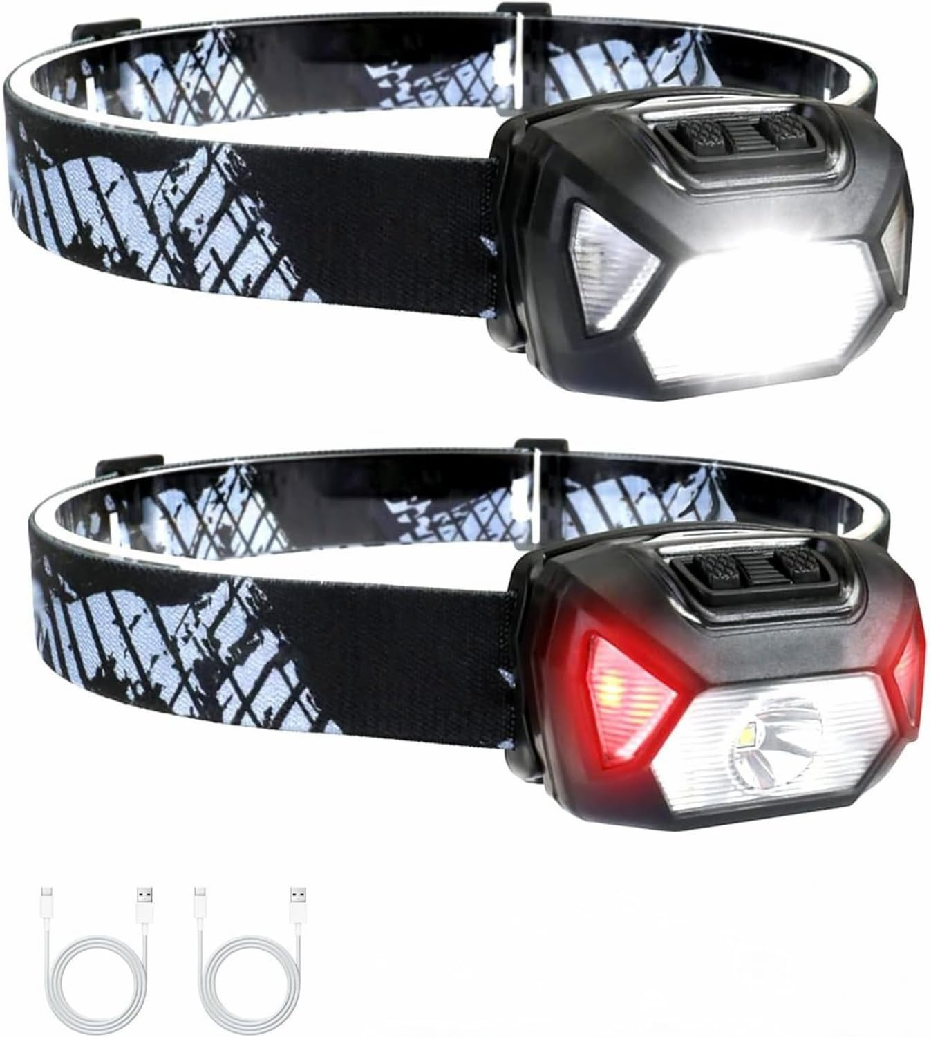 Rechargeable LED Headlamp Head Torch 1300 Lux Super Bright Head Lamp, White Red Light and 6 Lighting Modes, Lightweight Waterproof Headlight for Camping Running Hiking Emergency, 2 Packs image number 1