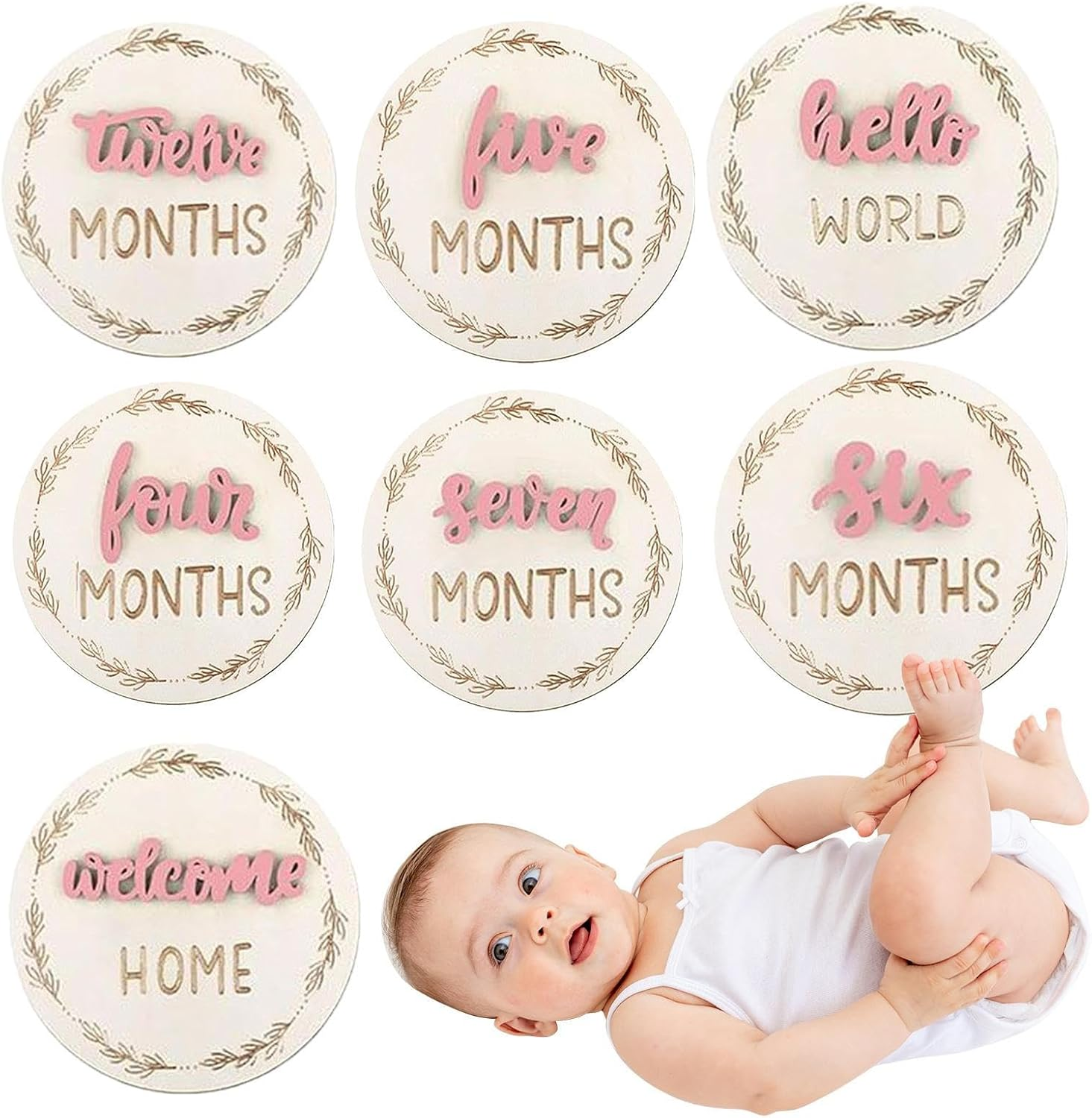 Month Baby Announcement Signs - Wooden Picture Circles for Baby,Decorative Wooden Birth Growth Cards, Reusable Home Decor for Photography