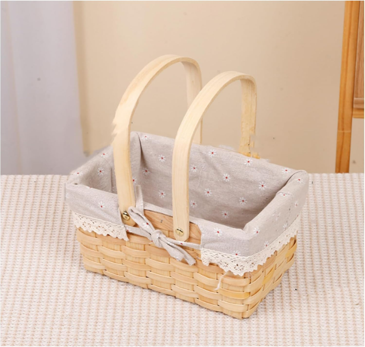 Wicker Basket with Handle, Picnic Basket Rectangular Picnic Basket with Double Folding Handles, Storage Basket, Flower Girl Basket for Decor (Red)