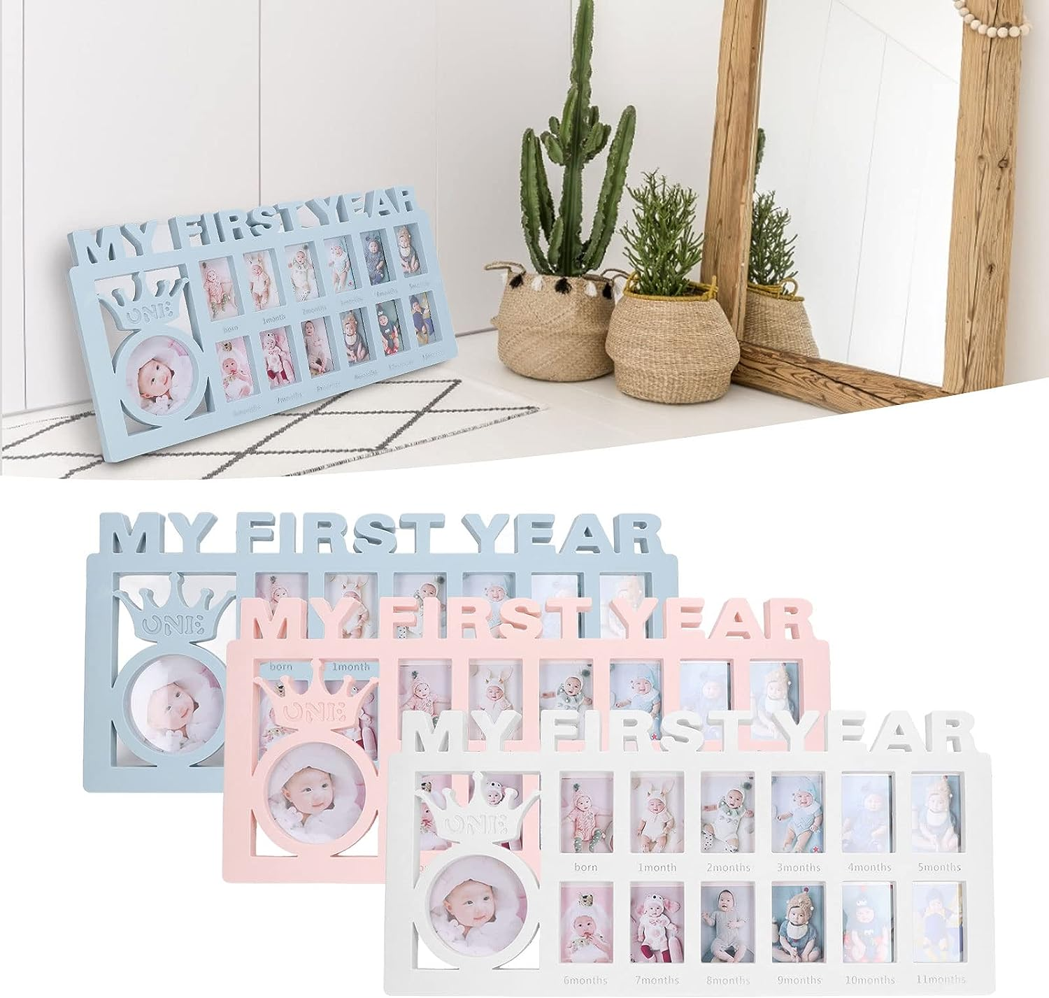 My First Year Collage Photo, Baby Milestone Keepsake Newborn Baby Registry Newborn Photo Frame Baby'S Monthly Growth Baby Photo Frame Durable Polished 12 Month Small Picture Frames(Blue) image number 1