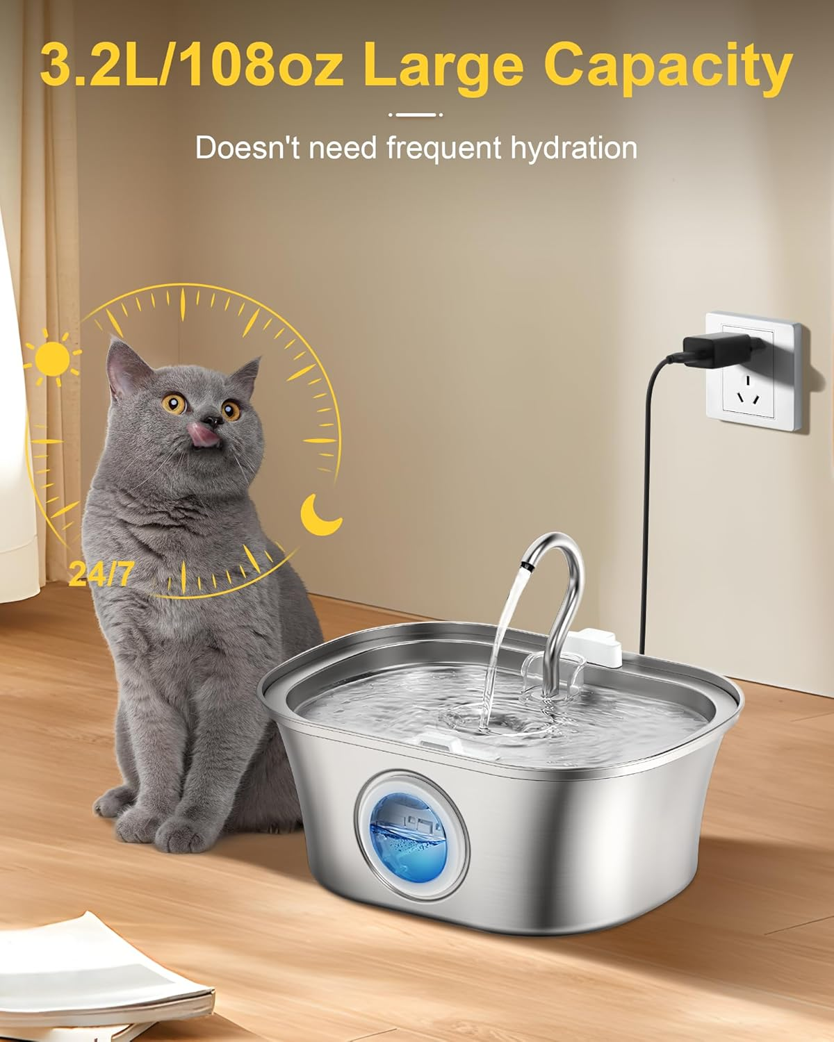 Homrich Cat Water Fountain - 3.2L Stainless Steel - Cat & Dog Water Fountain - 8 Filters & Foam Pre-Filter