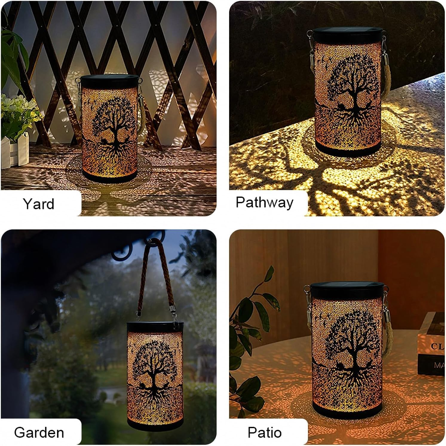 Ironwork Solar Lanterns Outdoor Hanging Lights, Metal Solar Powered Table Lamp Hollowed Out Waterproof Lanterns for Garden Decor outside Patio Yard Pathway (Trees)