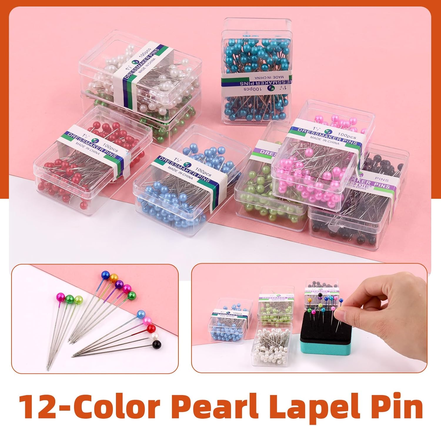 Tanstic 1200Pcs 12 Colors Sewing Pins Kit, 1.57 Inch Straight Pins with Colored Heads, Pearlized Ball Head Quilting Pins Craft Positioning Pins for Dressmaker, Jewelry DIY Decoration, Sewing Projects image number 2