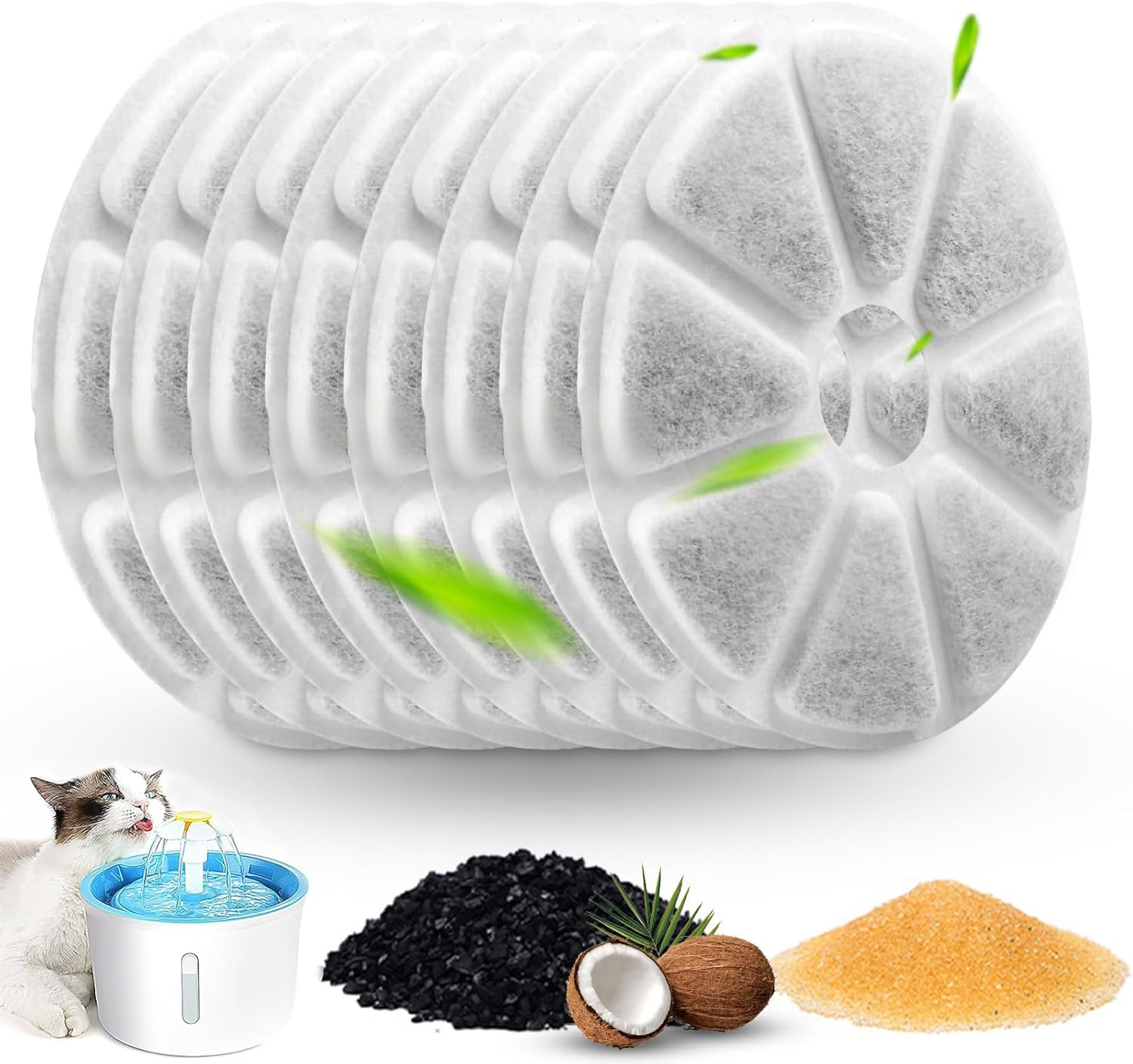 XTUDOU Pack of 8 Cat Fountain Filters, Contains Activated Carbon, Triple Filtering, round Cat Fountain Filter, Suitable for a Variety of Replacement Filters for Pet Drinking Fountains image number 6