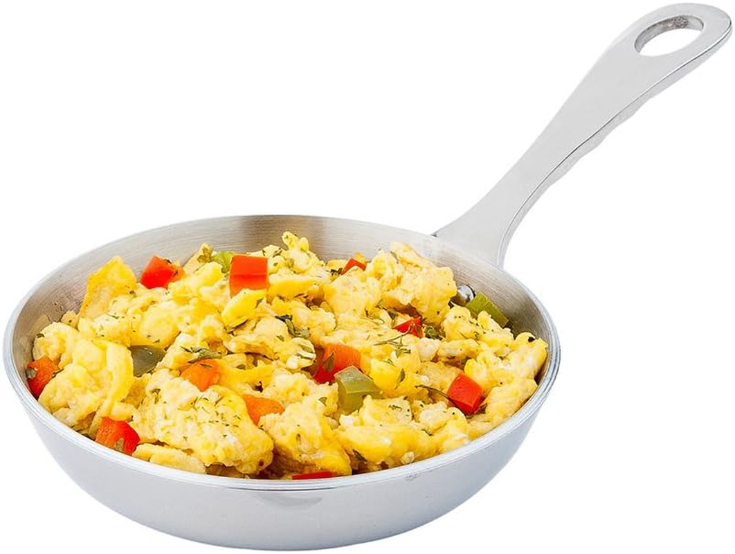 Restaurantware 4 Inch Mini Frying Pan, 1 round Egg Pan - with Handle, Dishwasher Safe, Silver Stainless Steel Small Frying Pan, Hanging Hole, for Scrambles, Appetizers, or Desserts image number 1