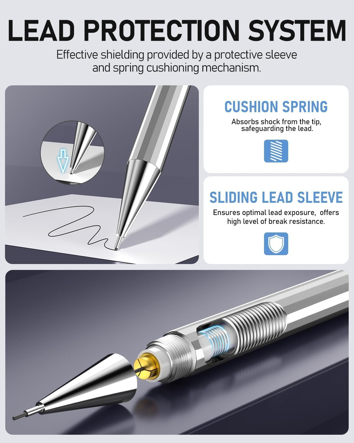 Four Candies 8PCS Metal Mechanical Pencils - 0.5 & 0.7Mm with 8 Tubes HB #2 Lead Refills, Eraser Set and Eraser Refills, 20-Count Pack with Case, Lead Pencils Mechanical for Writing, Drawing, Drafting image number 6