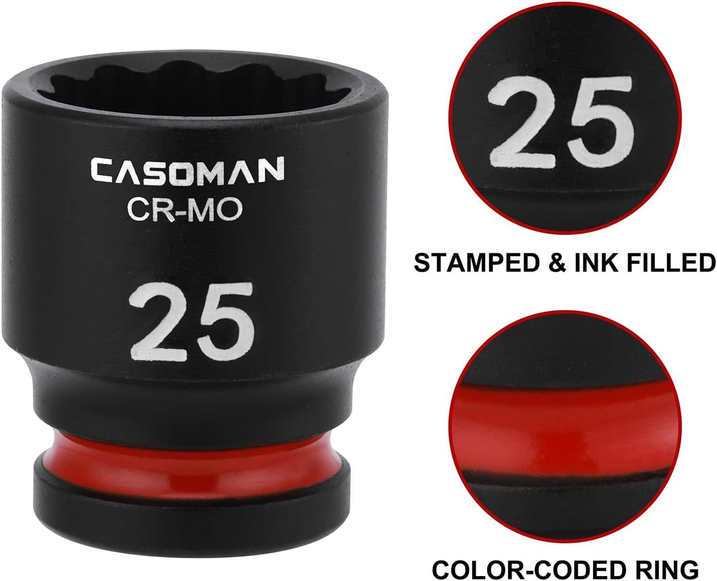CASOMAN 26-Piece 1/2" Drive Standard Impact Socket Set, 12-Point, Metric, 10Mm - 36Mm, CR-MO Steel, with Storage Case image number 4