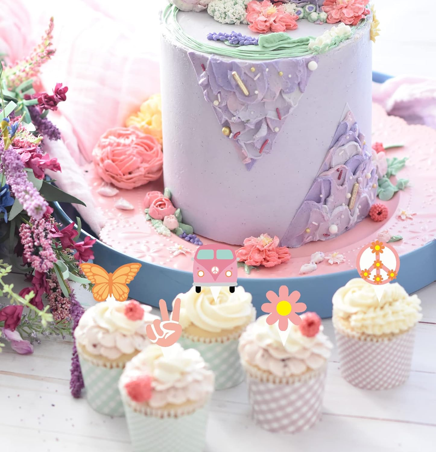 48Pcs Hippie Party Cupcake Toppers for Two Groovy Birthday Party Decorations Boho Rainbow Party Supplies image number 3