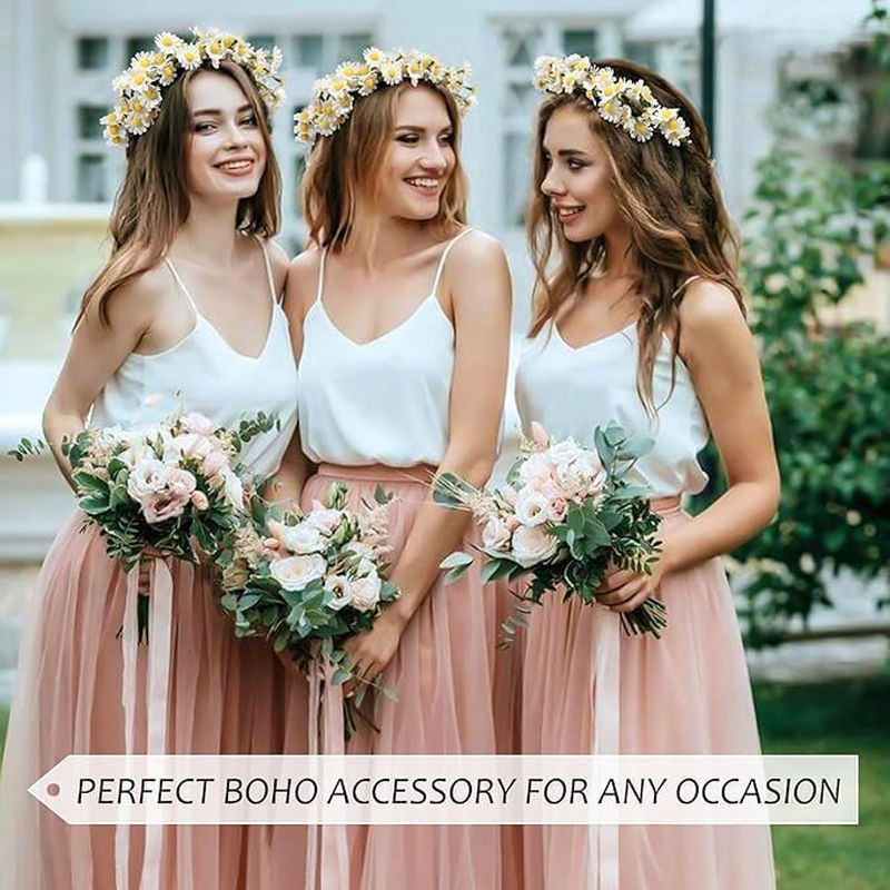 Flower Crowns for Women Flower Headband Adjusatble Flower Girl Headpiece Headband Crown for Bridal Wedding Festival Party (White, One Size) image number 4