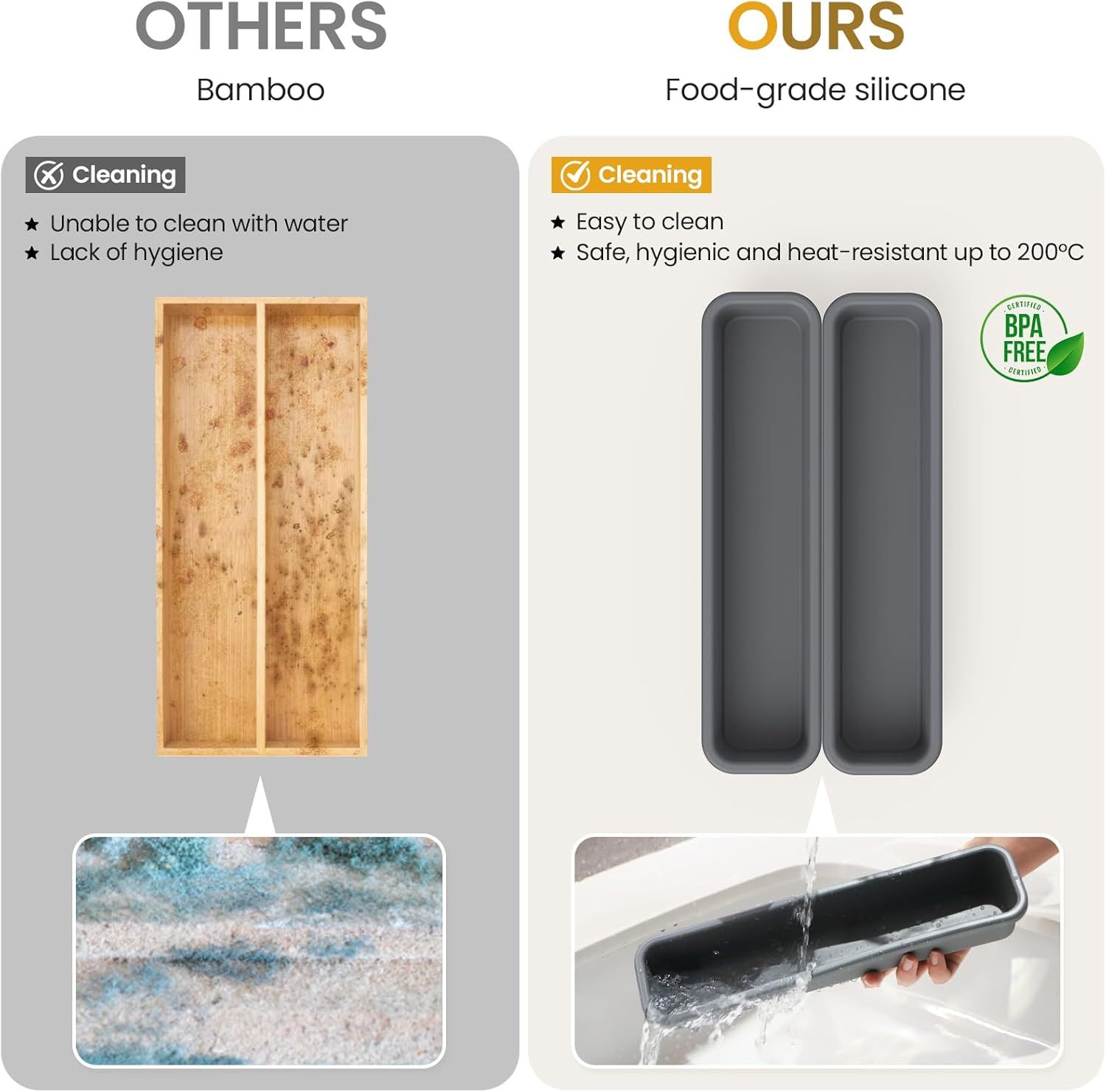 2 Pack Silicone Cutlery Drawer Organiser, Kitchen Utensil Drawer Organiser, DIY Free Combination Silverware Organizer, Moisture-Proof and Heat-Resistant up to 200&deg;C, Anti-Slip and Environmentally image number 3