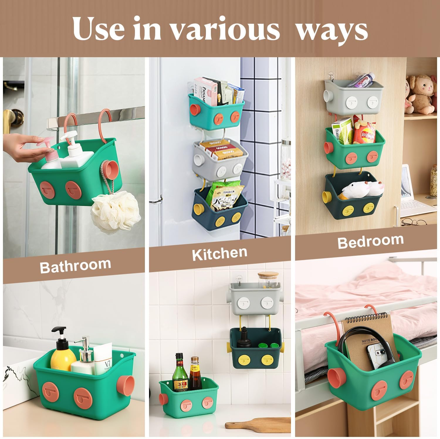 Bath Toy Storage Organizer Basket, 3 Pack Cute Robot Bathtub Shower Toy Organizer, Wall Mounted Hanging Bath Toy Holder with Hooks, for Tub Laundry image number 4
