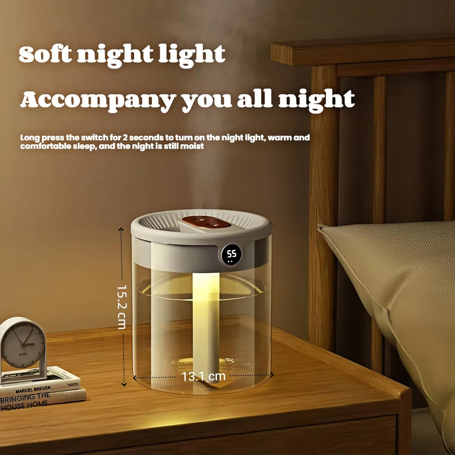 Humidifiers for Bedroom, 2L Cool Mist Humidifier with Humidity Display & Night Light, Ultra Quiet, Easy to Fill and Clean, Visible Water Tank, for Home, Office, Baby Nursery, Plants image number 4