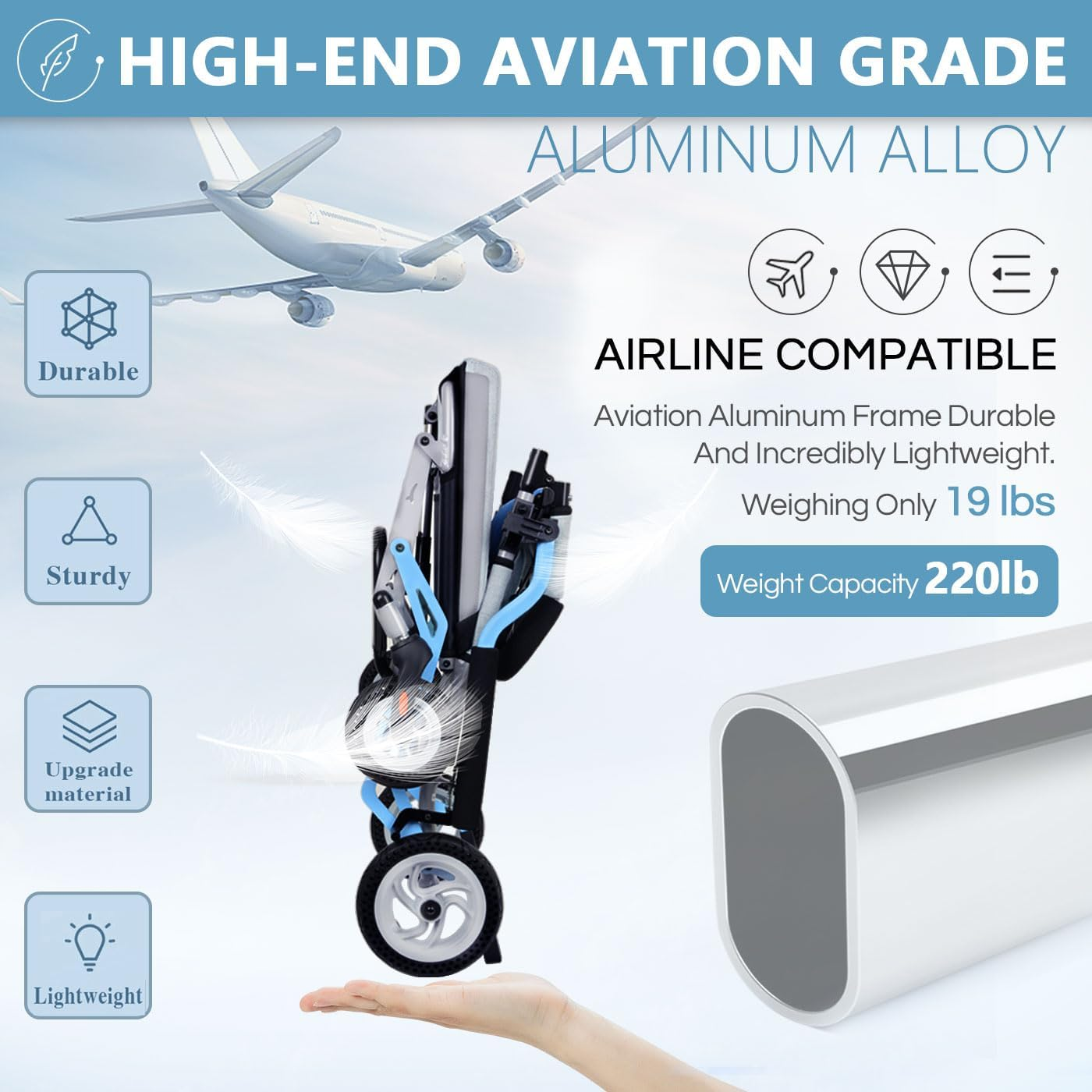 Super Lightweight (Only 19Lbs) Portable Transport Travel Wheelchair, Folding Transit Wheelchairs for Adults and Seniors Support 220Lbs, Lightweight Aluminum Wheelchair for Elderly Blue image number 3