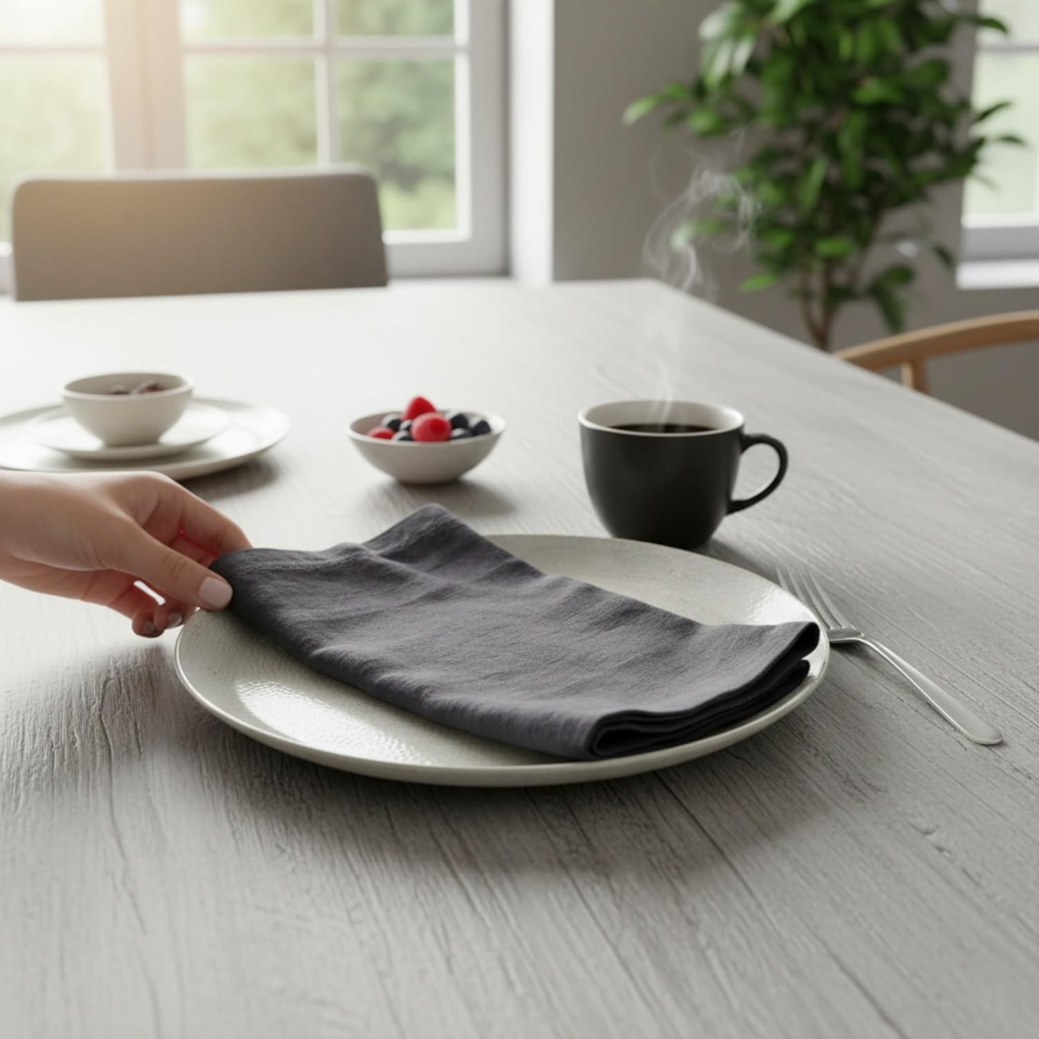 Linen Napkins &ndash;100% French Flax &ndash; Hemstitch Stonewashed Pure Linen Cloth Napkins - Size 50Cm X 50Cm &ndash; Set of 4 (Dark Grey) - Caramel image number 6