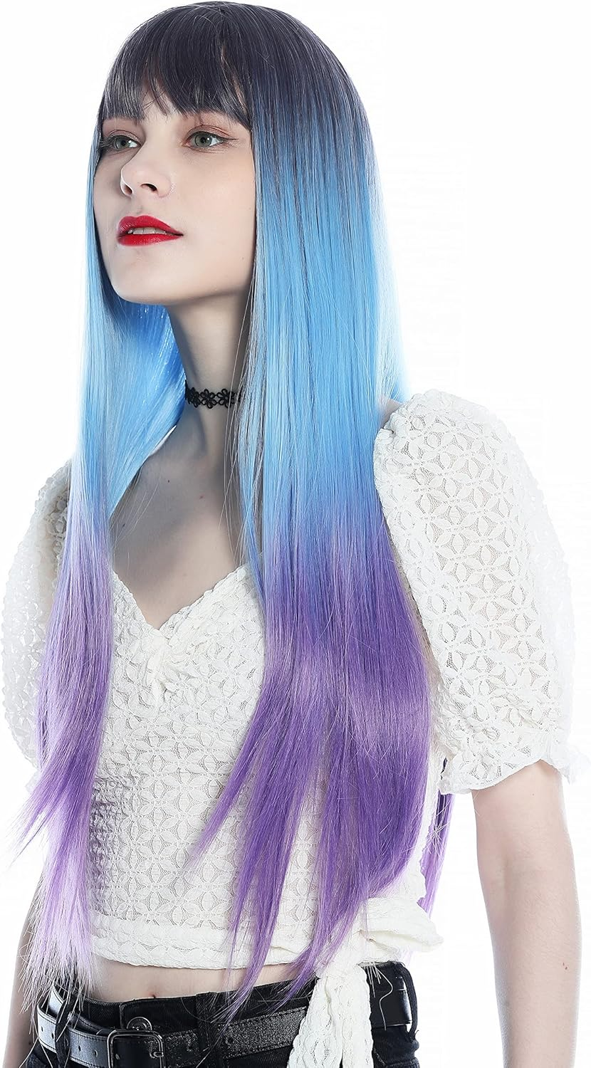 WIG ME up - SZL0810B-T-002 Women'S Wig Long Straight Fringe Ombre Purple Light Blue Purple image number 5