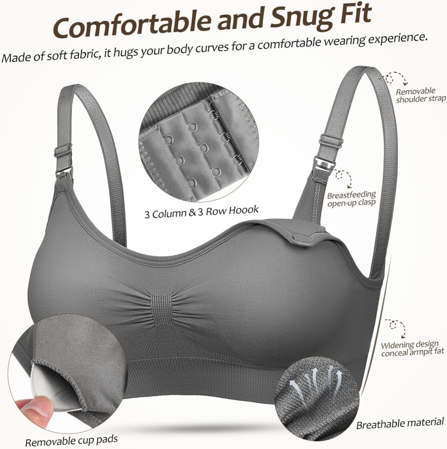 CALLARON 3Pcs Maternity Nursing Bras Breastfeeding Bras Nursing Bralette Soft Spandex Nylon Quick One-Hand Clip for Pregnant Women Sleep Daywear image number 5